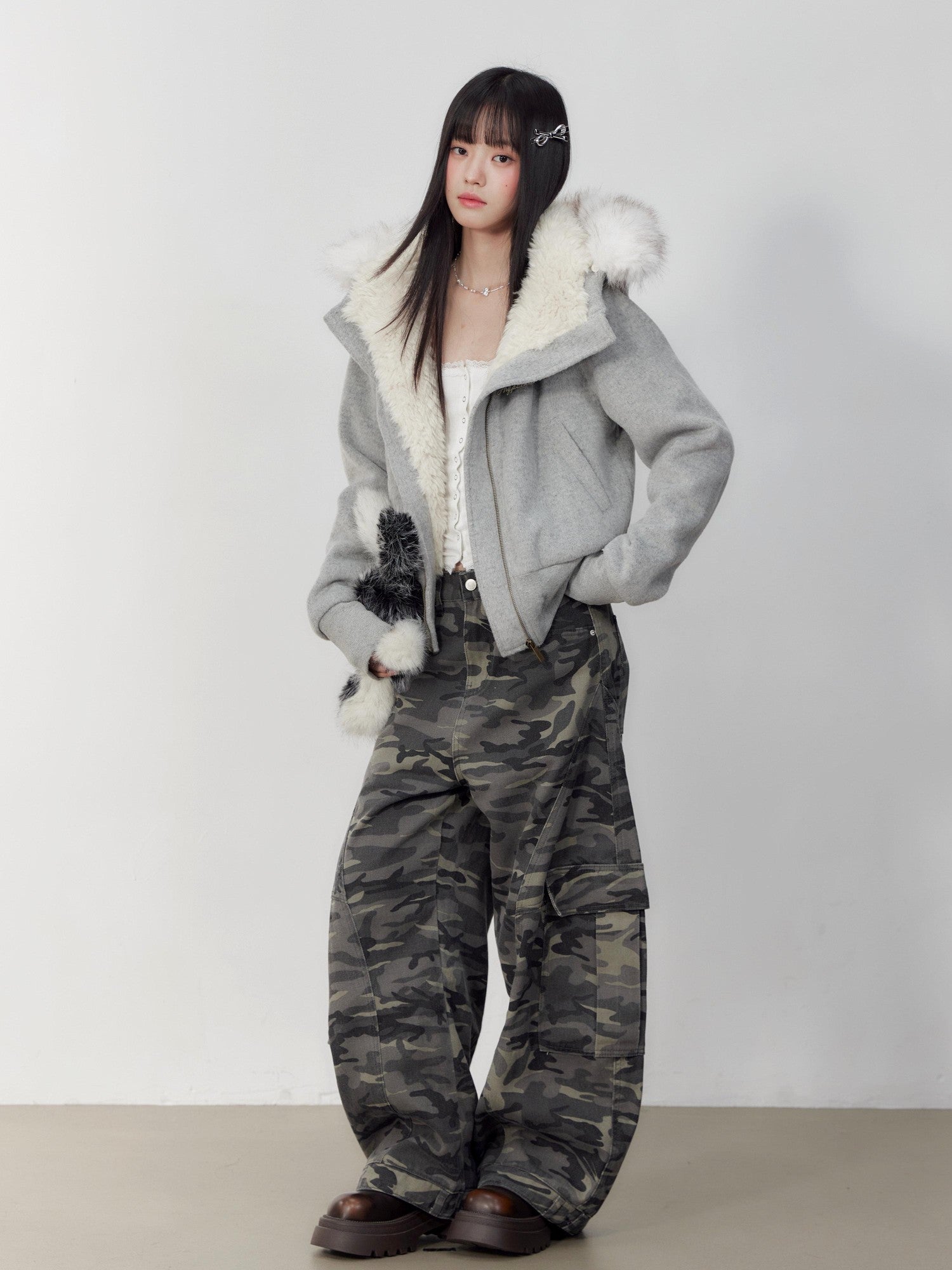 Hypoekai Plush Lined Hooded Fur Collar Women's Wool Tweed Puffer Jackets