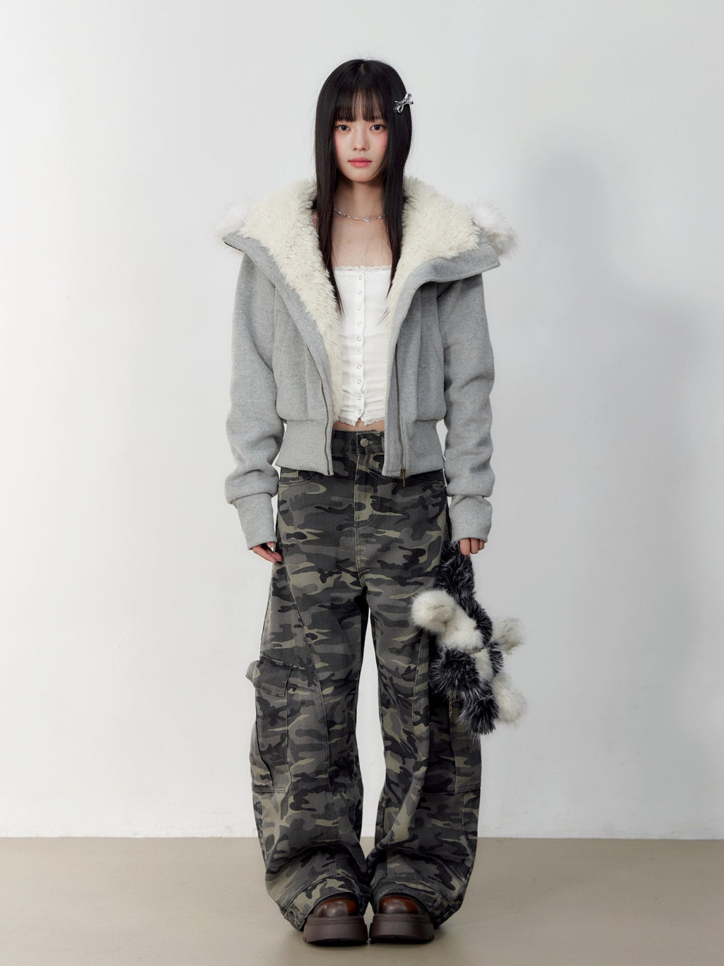 Hypoekai Plush Lined Hooded Fur Collar Women's Wool Tweed Puffer Jackets