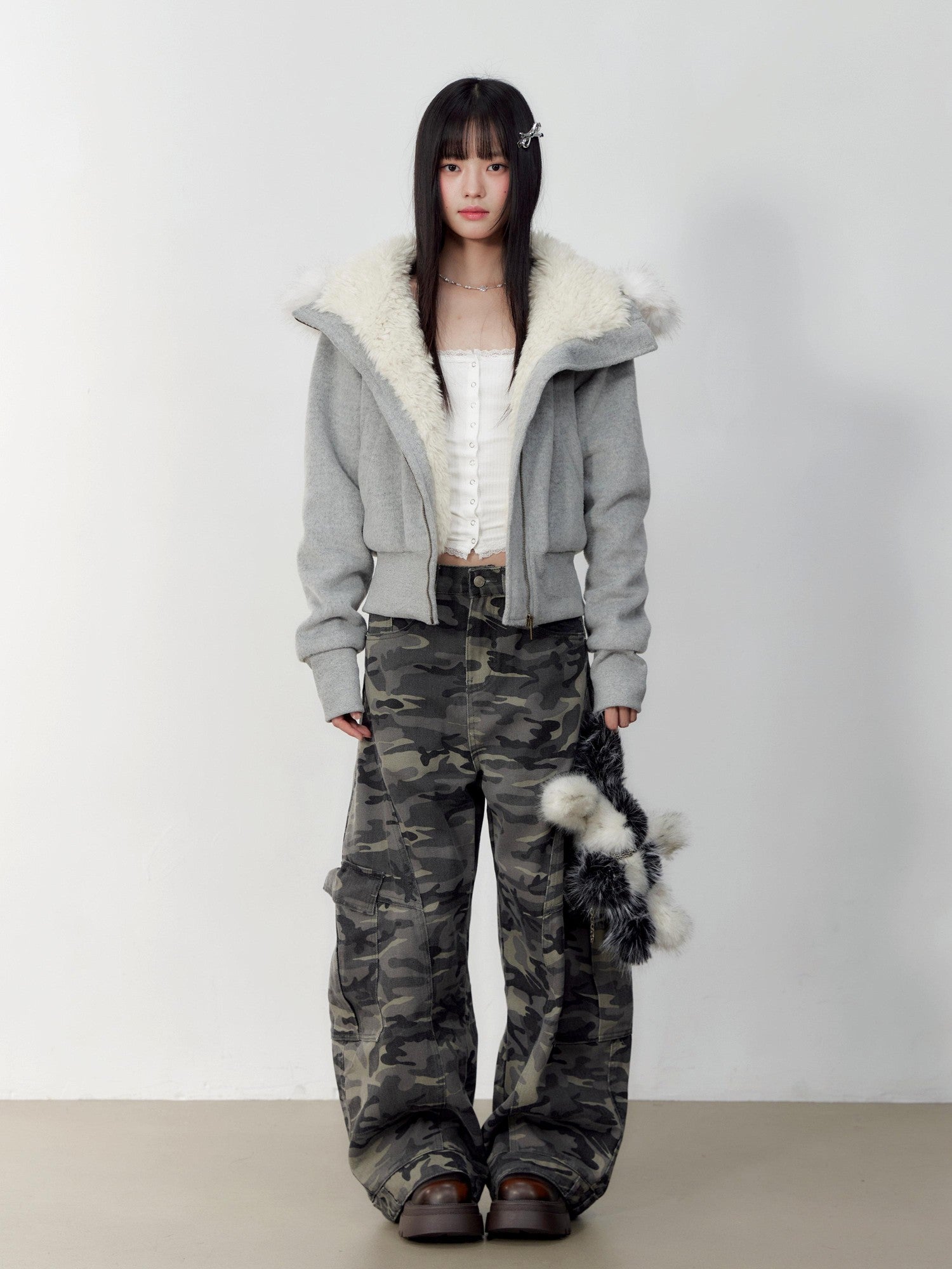 Hypoekai Plush Lined Hooded Fur Collar Women's Wool Tweed Puffer Jackets