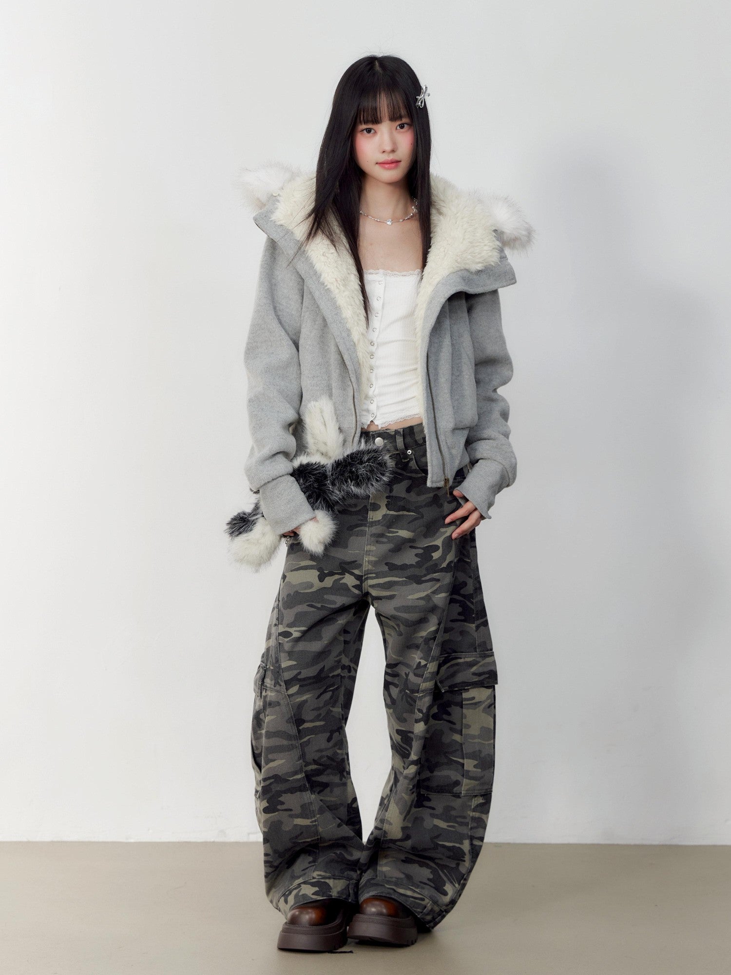 Hypoekai Plush Lined Hooded Fur Collar Women's Wool Tweed Puffer Jackets
