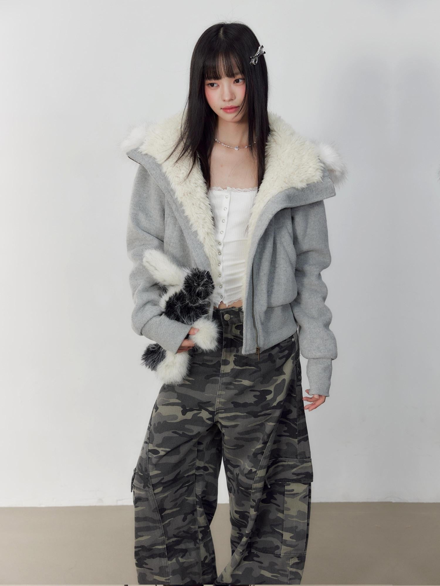 Hypoekai Plush Lined Hooded Fur Collar Women's Wool Tweed Puffer Jackets