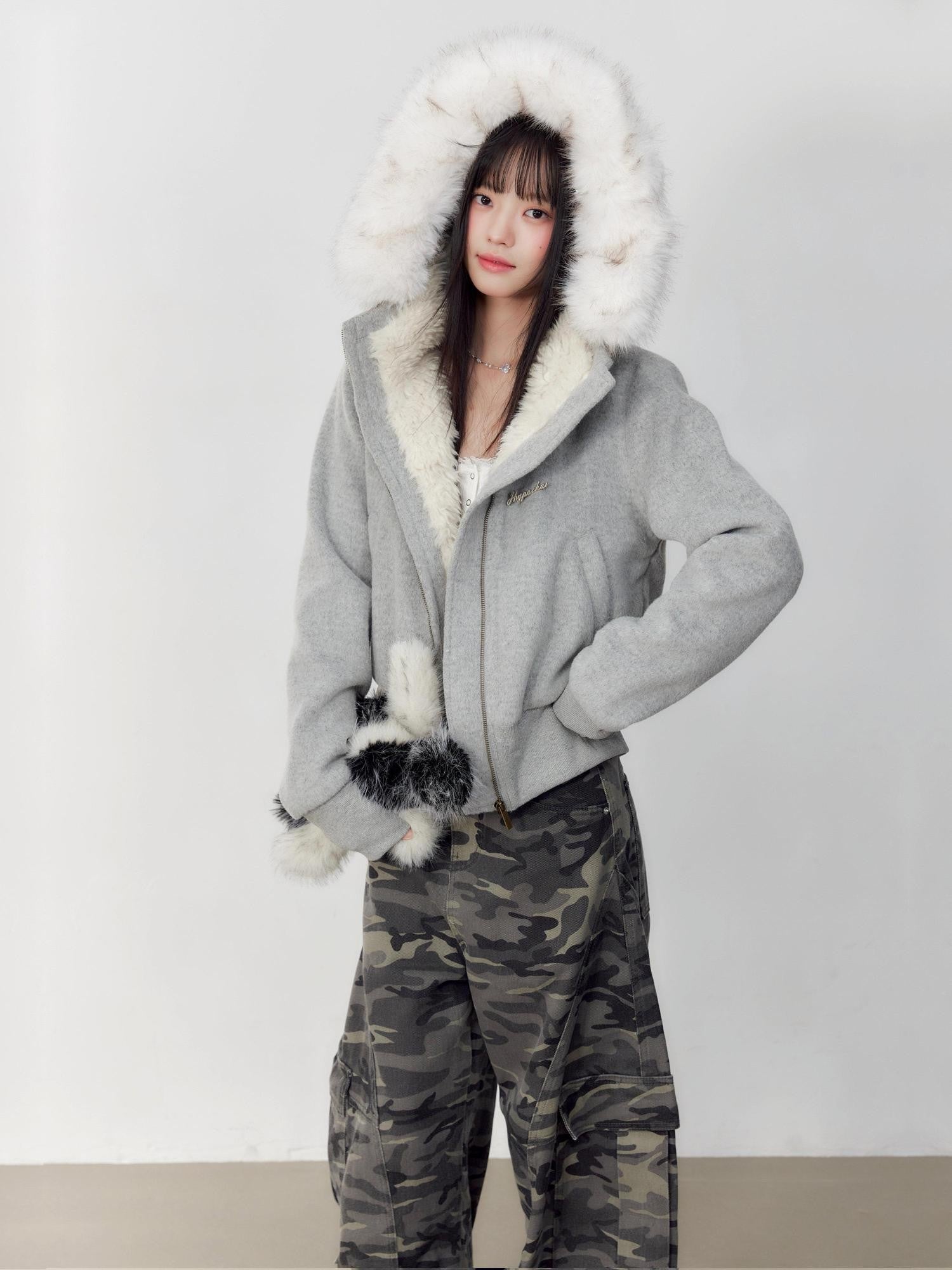 Hypoekai Plush Lined Hooded Fur Collar Women's Wool Tweed Puffer Jackets