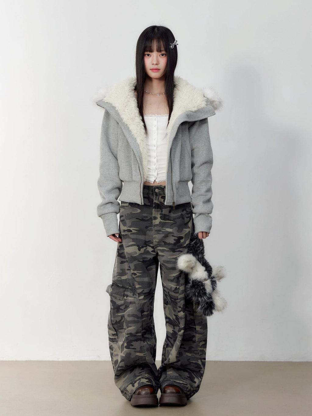 Hypoekai Plush Lined Hooded Fur Collar Women's Wool Tweed Puffer Jackets