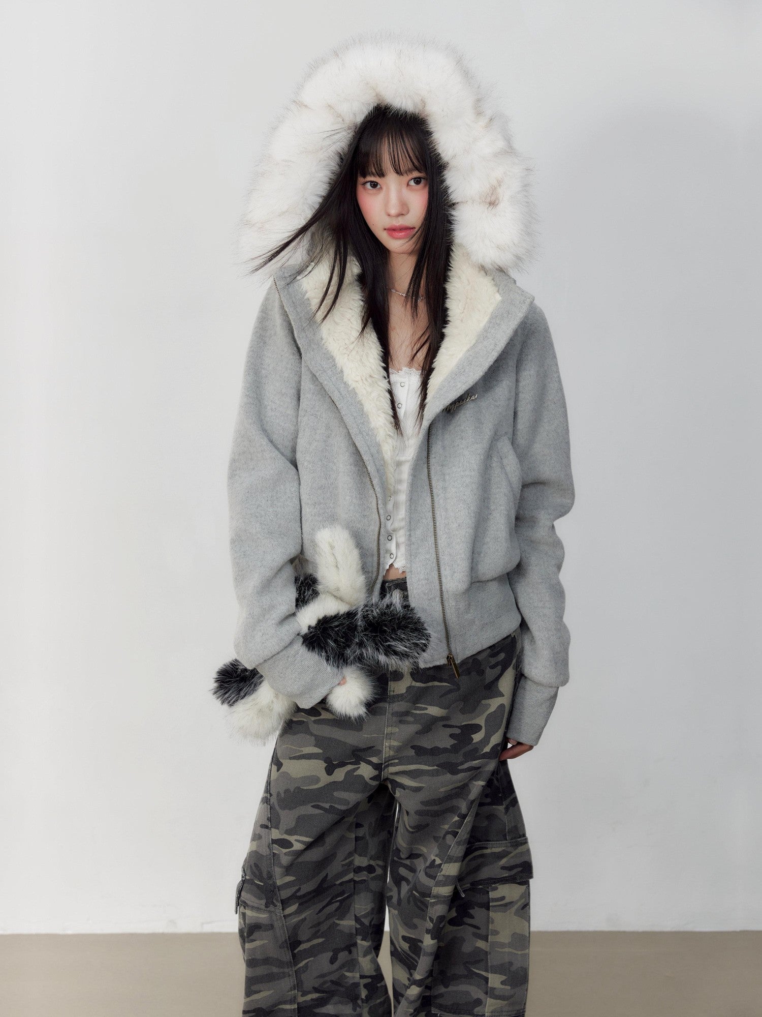 Hypoekai Plush Lined Hooded Fur Collar Women's Wool Tweed Puffer Jackets