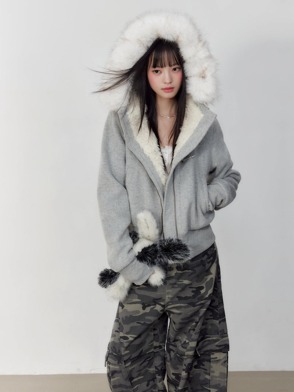 Hypoekai Plush Lined Hooded Fur Collar Women's Wool Tweed Puffer Jackets