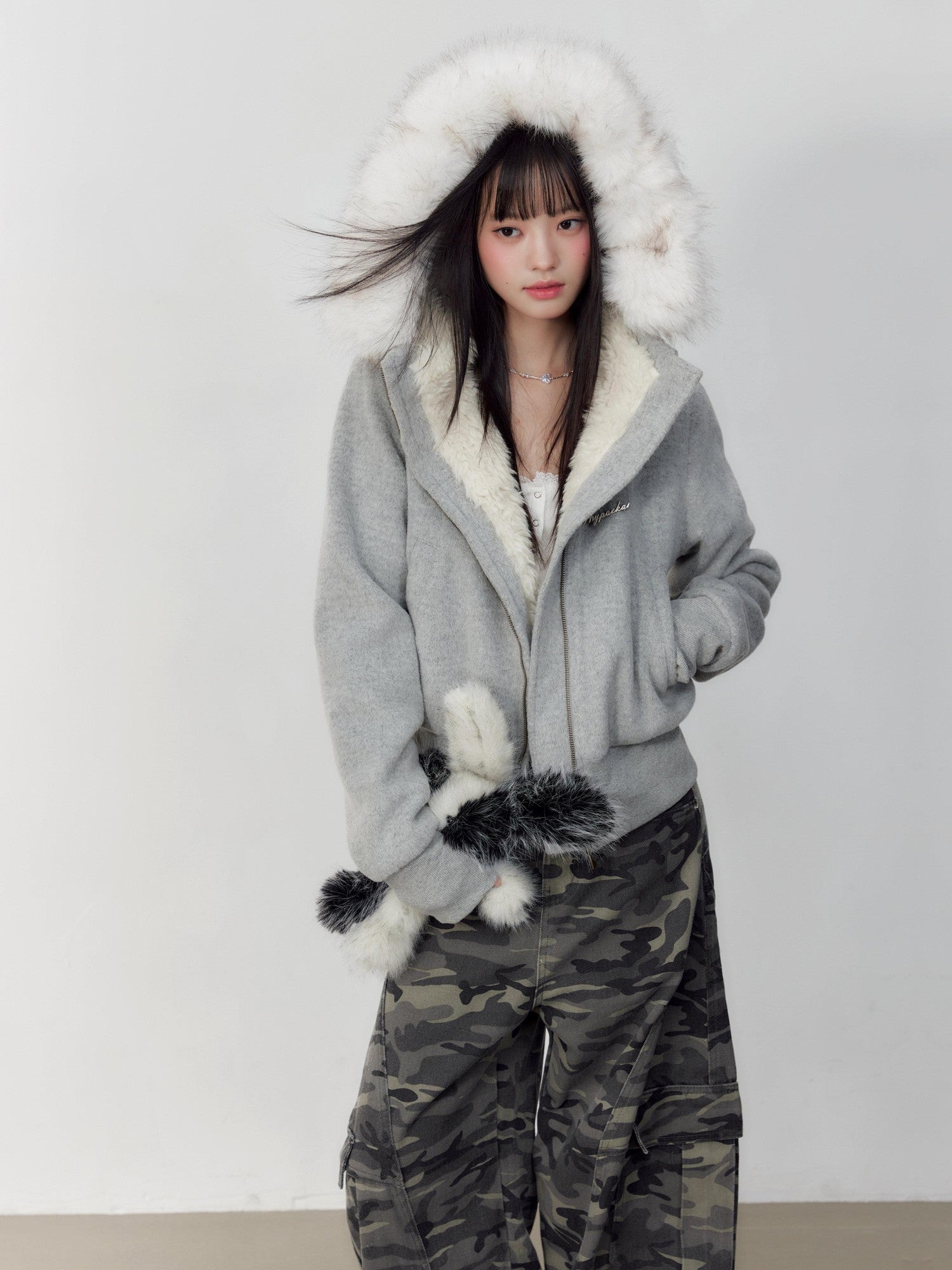 Hypoekai Plush Lined Hooded Fur Collar Women's Wool Tweed Puffer Jackets