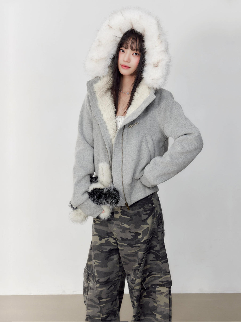 Hypoekai Plush Lined Hooded Fur Collar Women's Wool Tweed Puffer Jackets