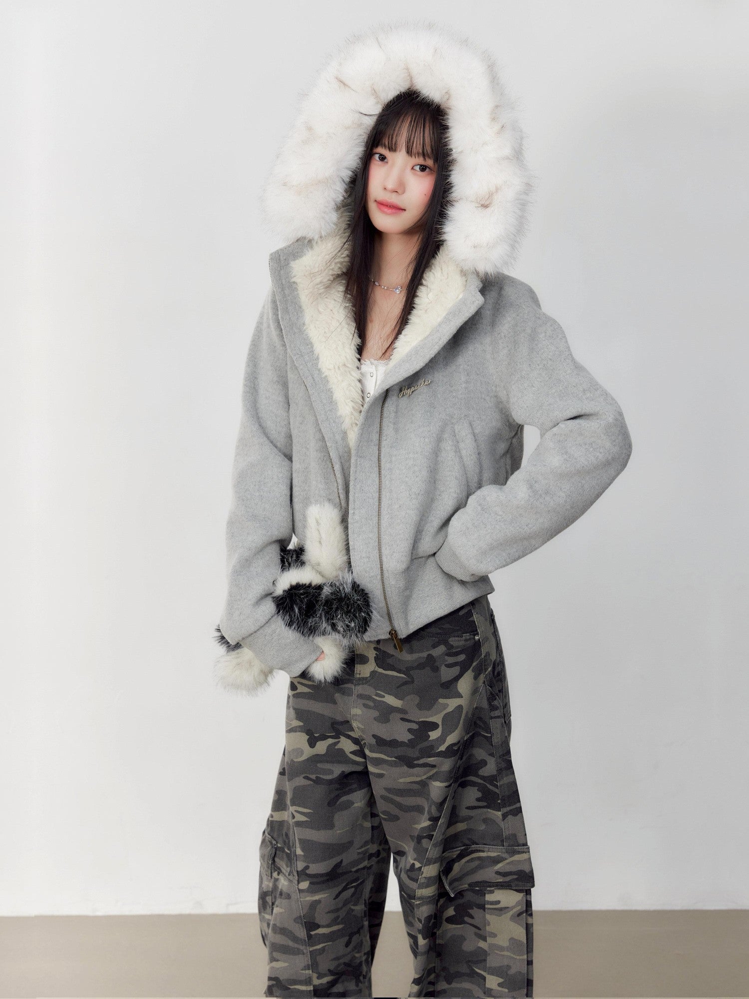 Hypoekai Plush Lined Hooded Fur Collar Women's Wool Tweed Puffer Jackets
