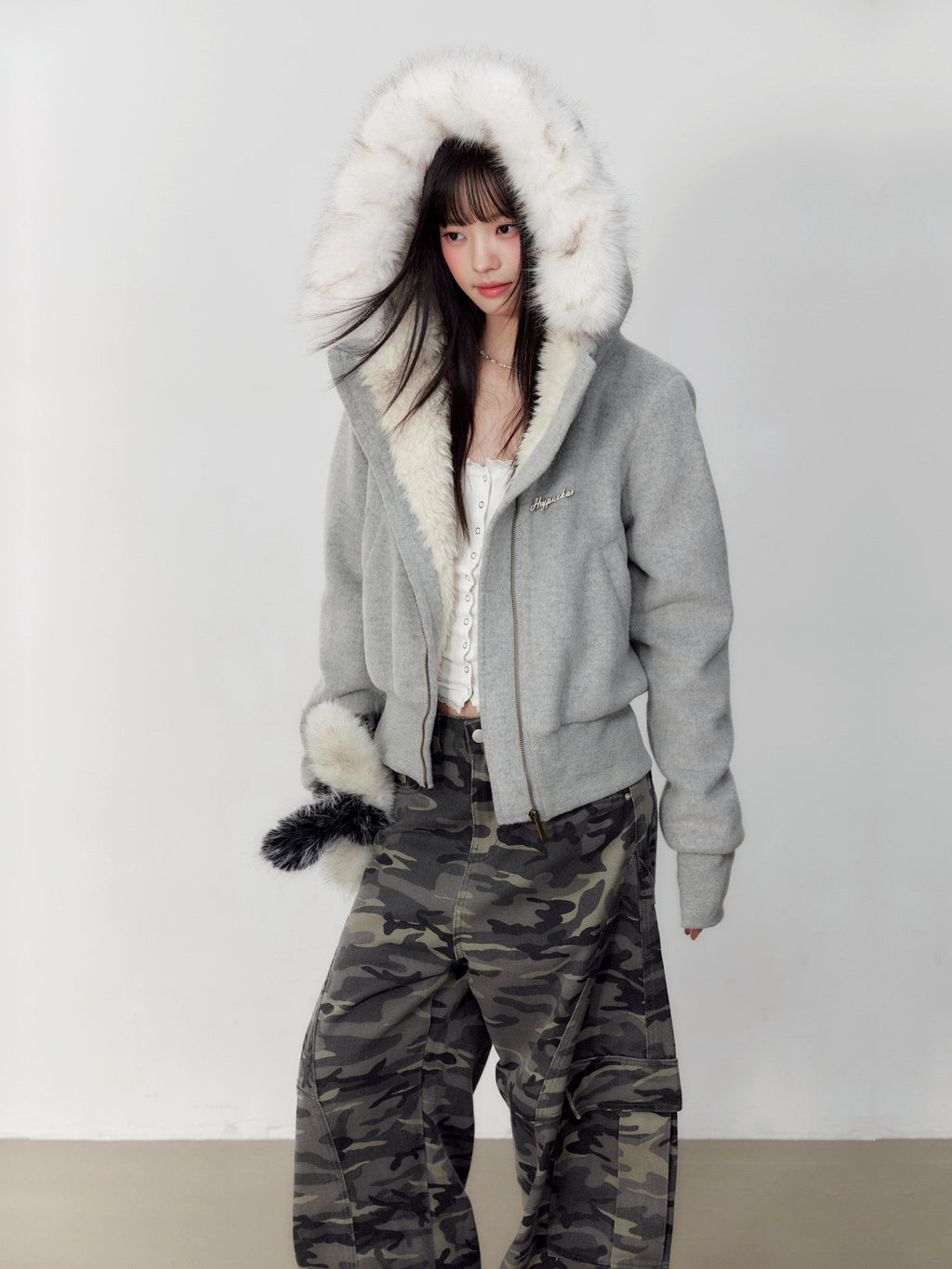 Hypoekai Plush Lined Hooded Fur Collar Women's Wool Tweed Puffer Jackets