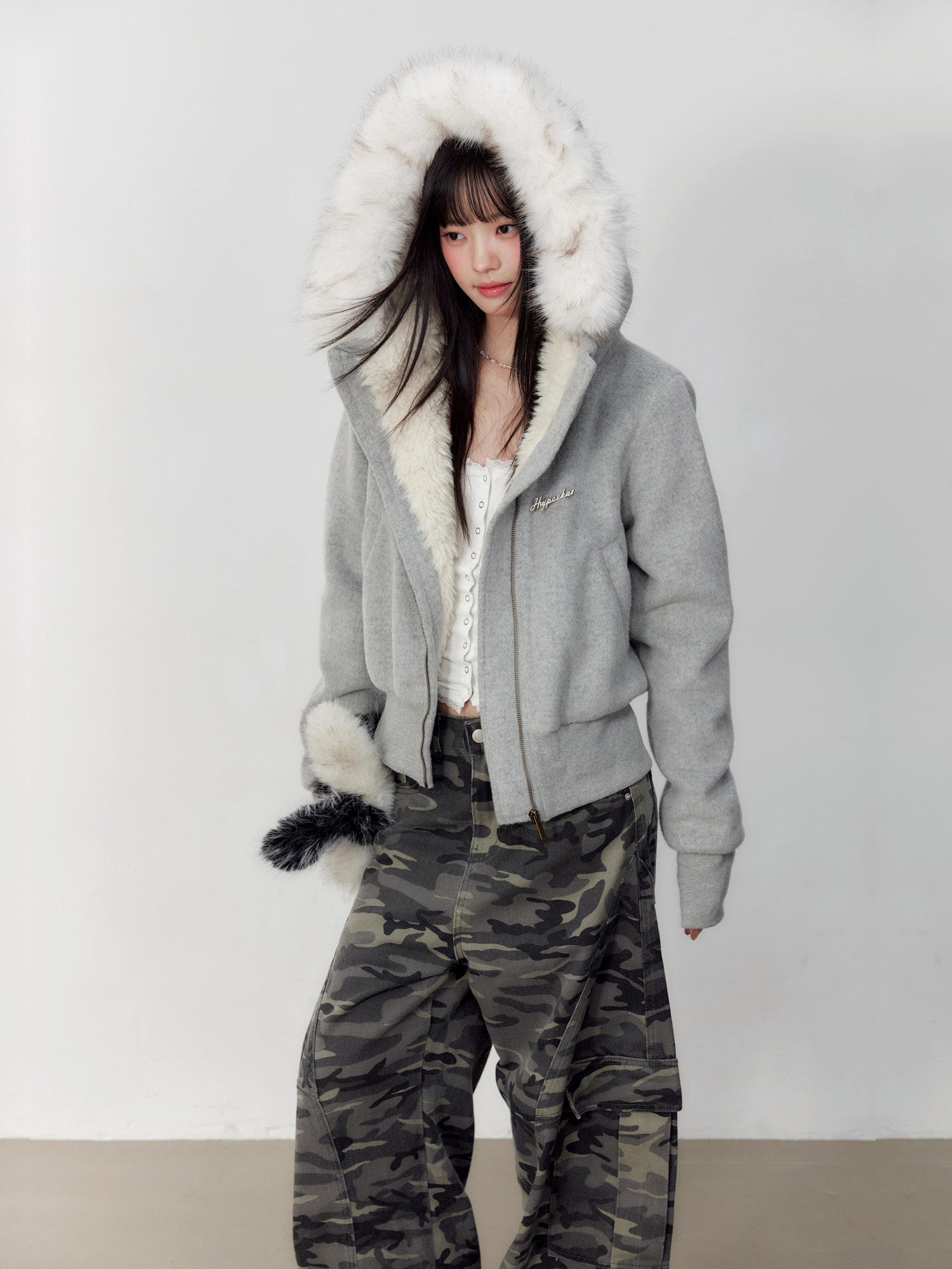 Hypoekai Plush Lined Hooded Fur Collar Women's Wool Tweed Puffer Jackets