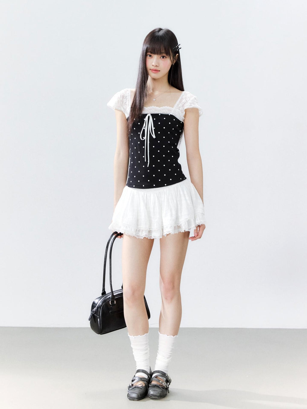 Hypoekai Polka Dot Lace Trim Design Slim Fit Women's Short Sleeve T-shirts