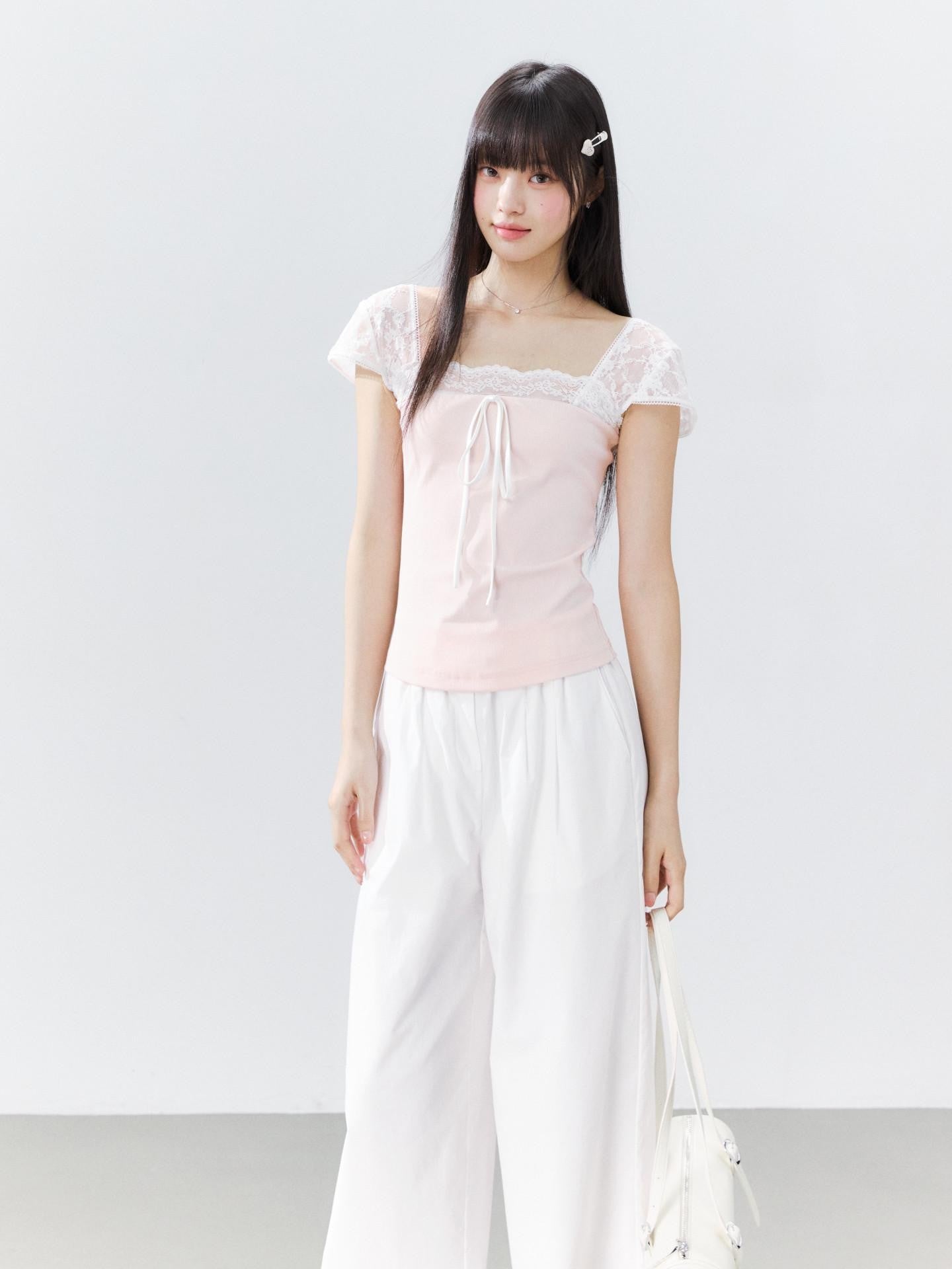 Hypoekai Polka Dot Lace Trim Design Slim Fit Women's Short Sleeve T-shirts