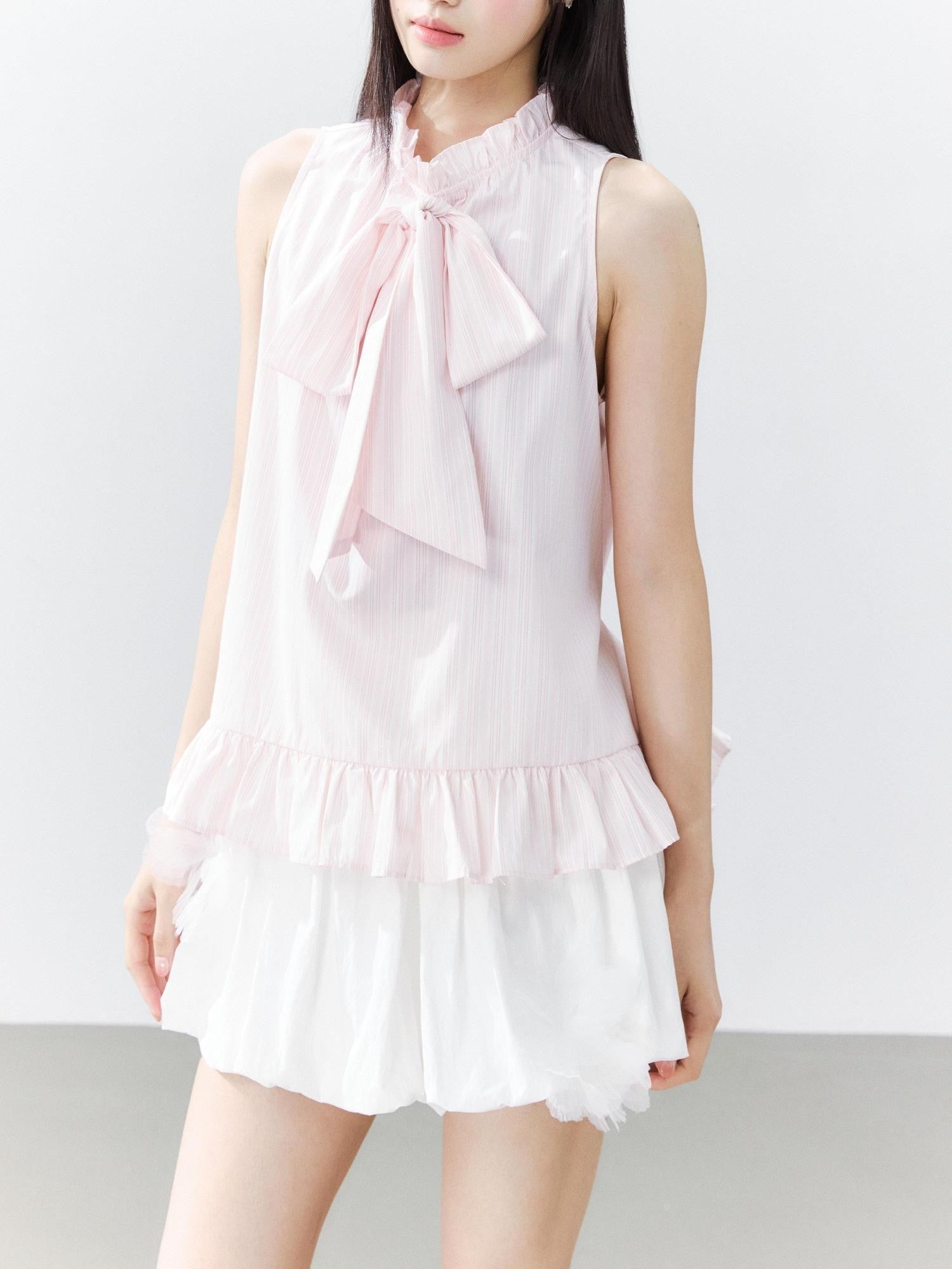 Hypoekai Retro Striped Lace Trim Flowing Ribbon Bow Long Collar Women's Tank Tops