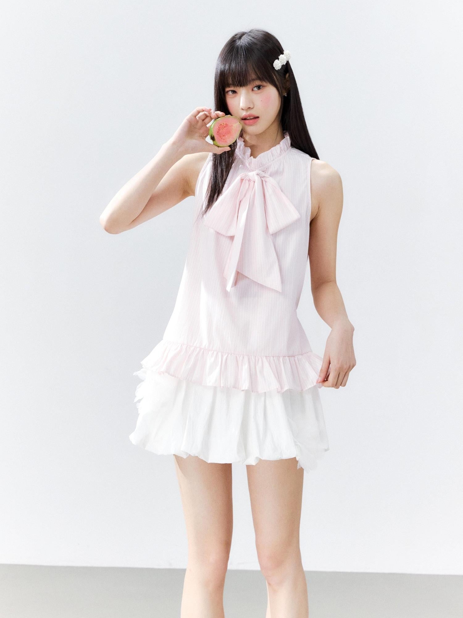 Hypoekai Retro Striped Lace Trim Flowing Ribbon Bow Long Collar Women's Tank Tops