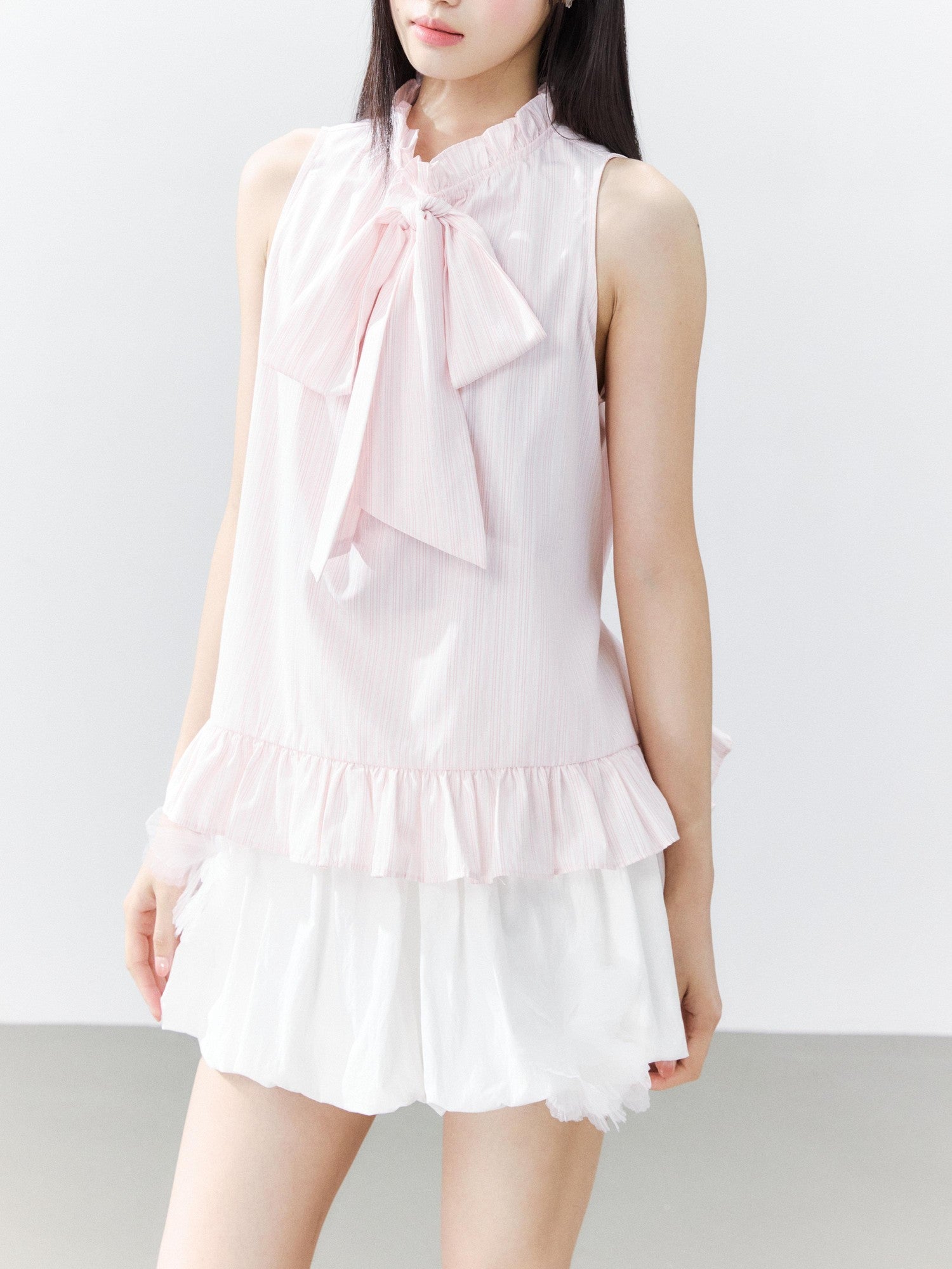Hypoekai Retro Striped Lace Trim Flowing Ribbon Bow Long Collar Women's Tank Tops