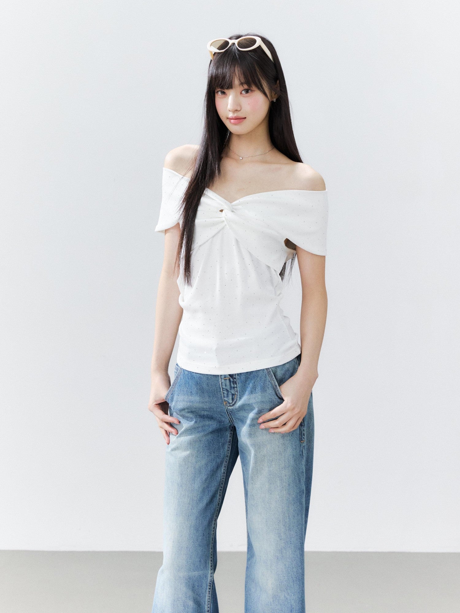 Hypoekai Rhinestone Off Shoulder Slim Fit Women's Short Sleeve T-shirts
