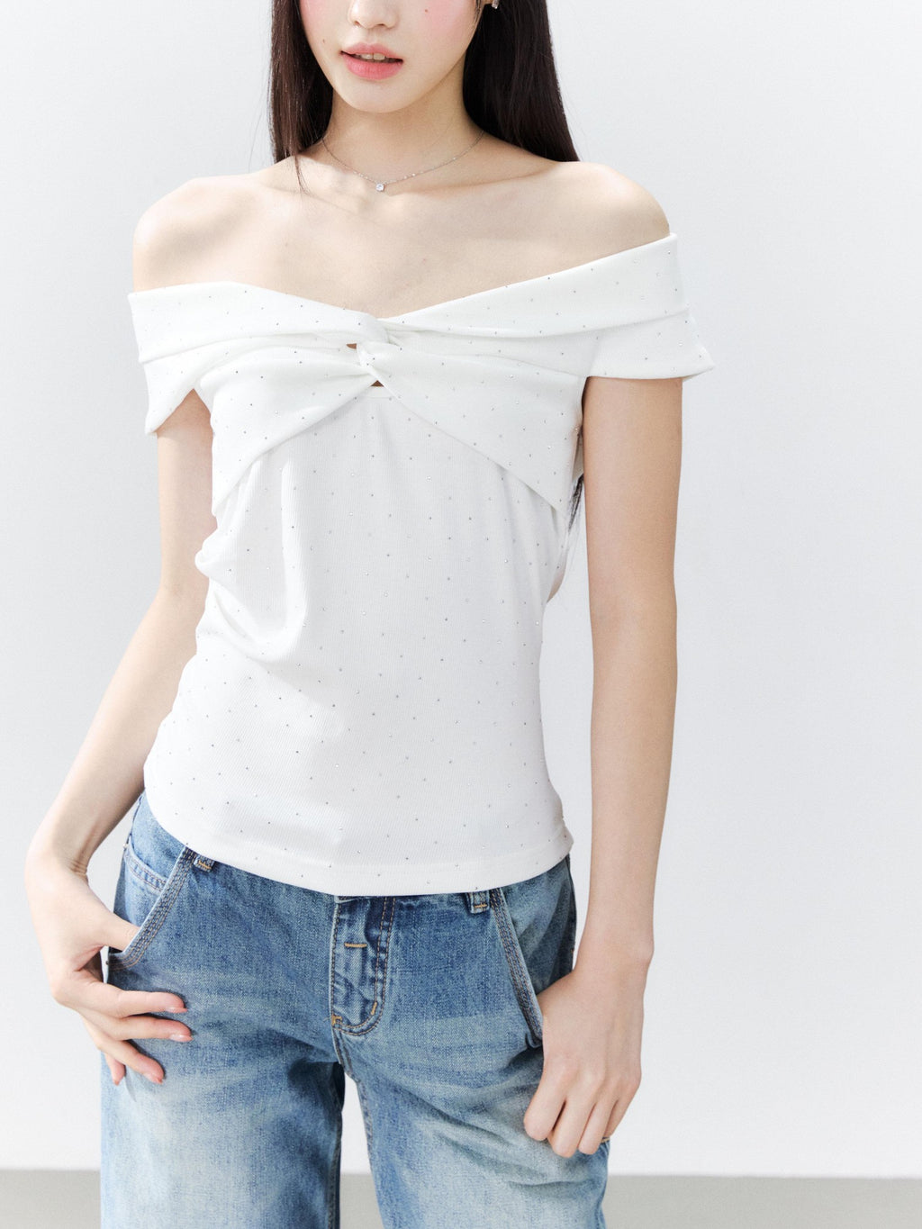 Hypoekai Rhinestone Off Shoulder Slim Fit Women's Short Sleeve T-shirts