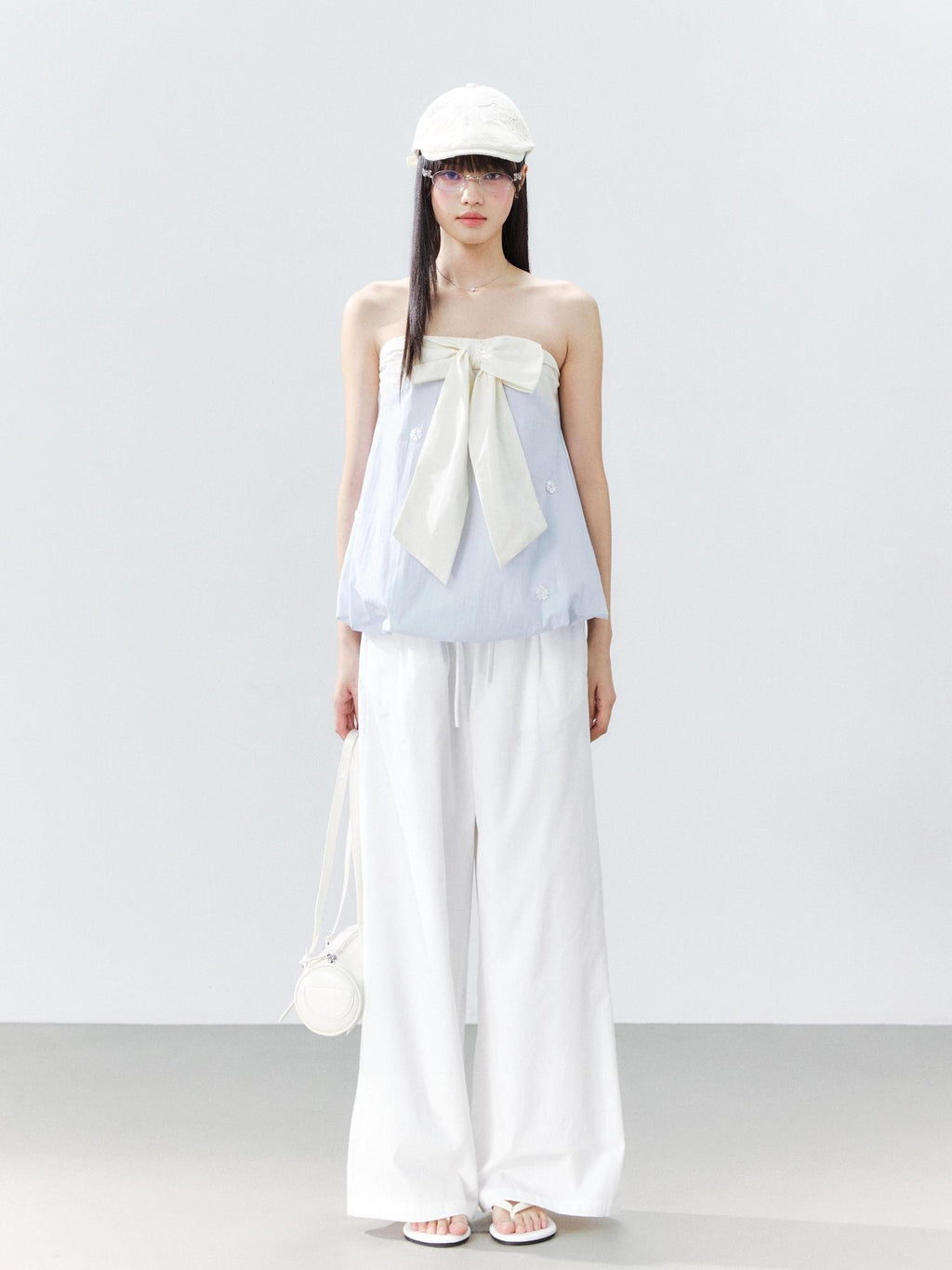 Hypoekai Ruffled Bow Patchwork Embroidered Bloom Hem Loose Women's Tube Tops