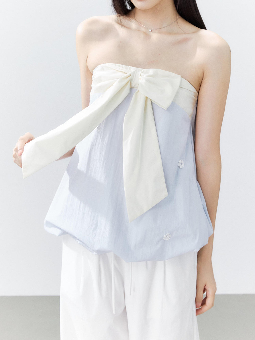Hypoekai Ruffled Bow Patchwork Embroidered Bloom Hem Loose Women's Tube Tops