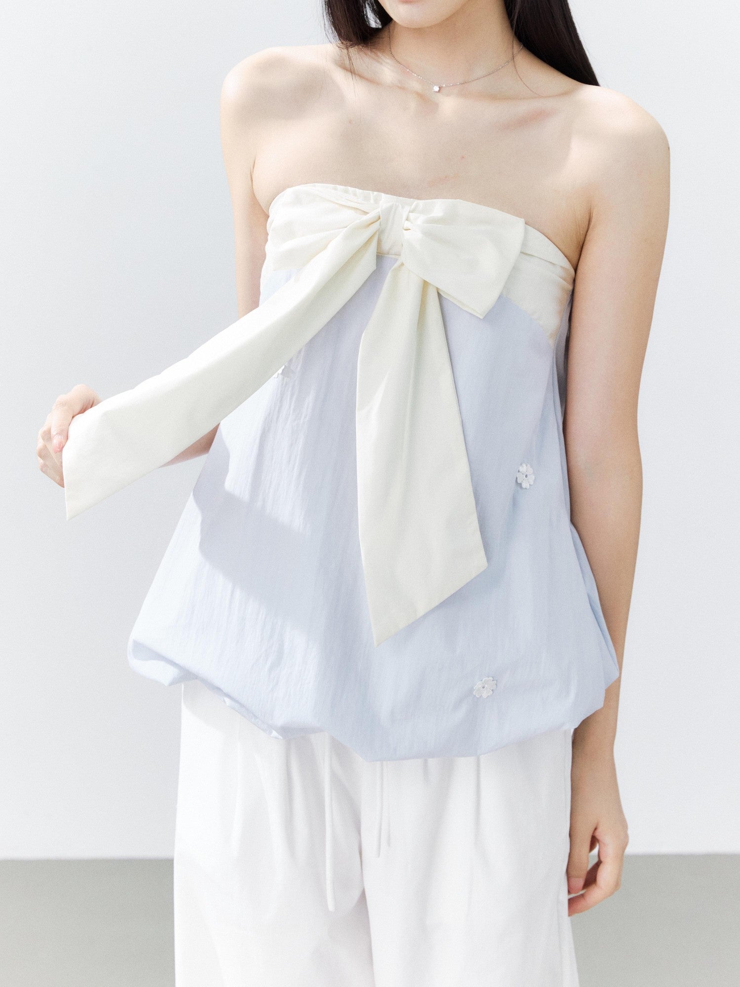 Hypoekai Ruffled Bow Patchwork Embroidered Bloom Hem Loose Women's Tube Tops