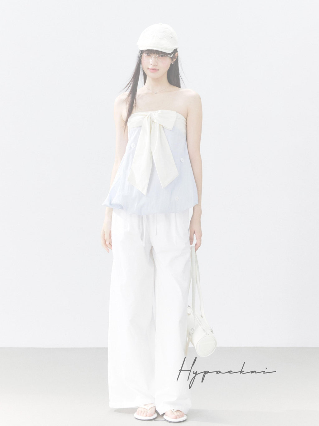 Hypoekai Ruffled Bow Patchwork Embroidered Bloom Hem Loose Women's Tube Tops