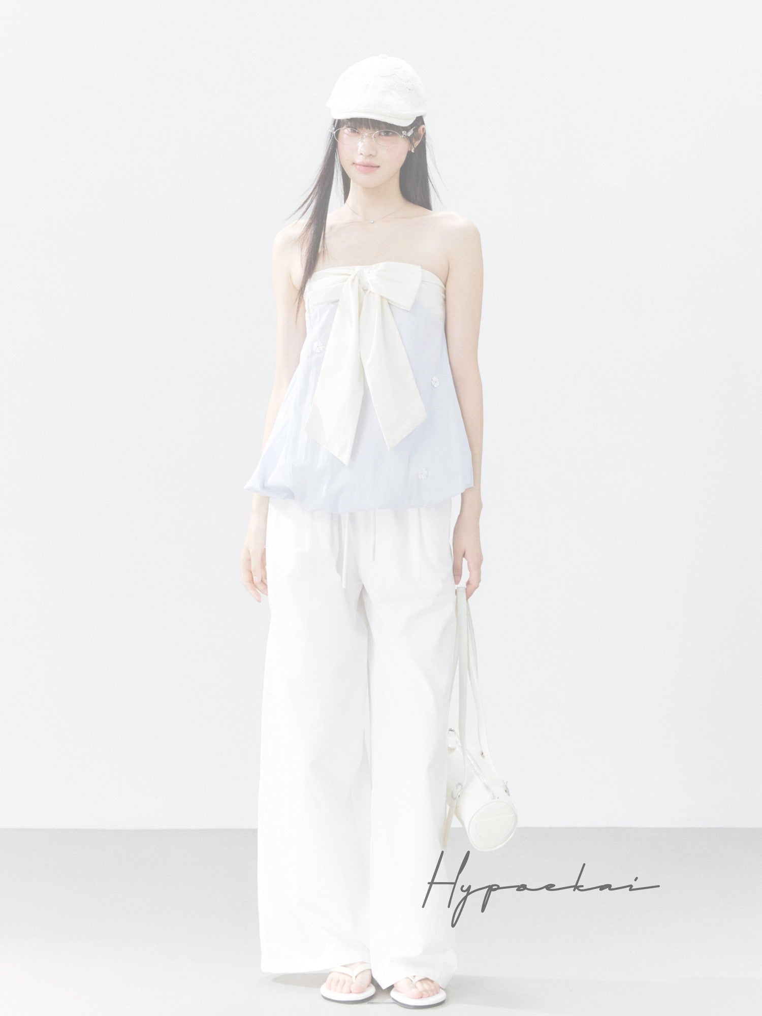 Hypoekai Ruffled Bow Patchwork Embroidered Bloom Hem Loose Women's Tube Tops