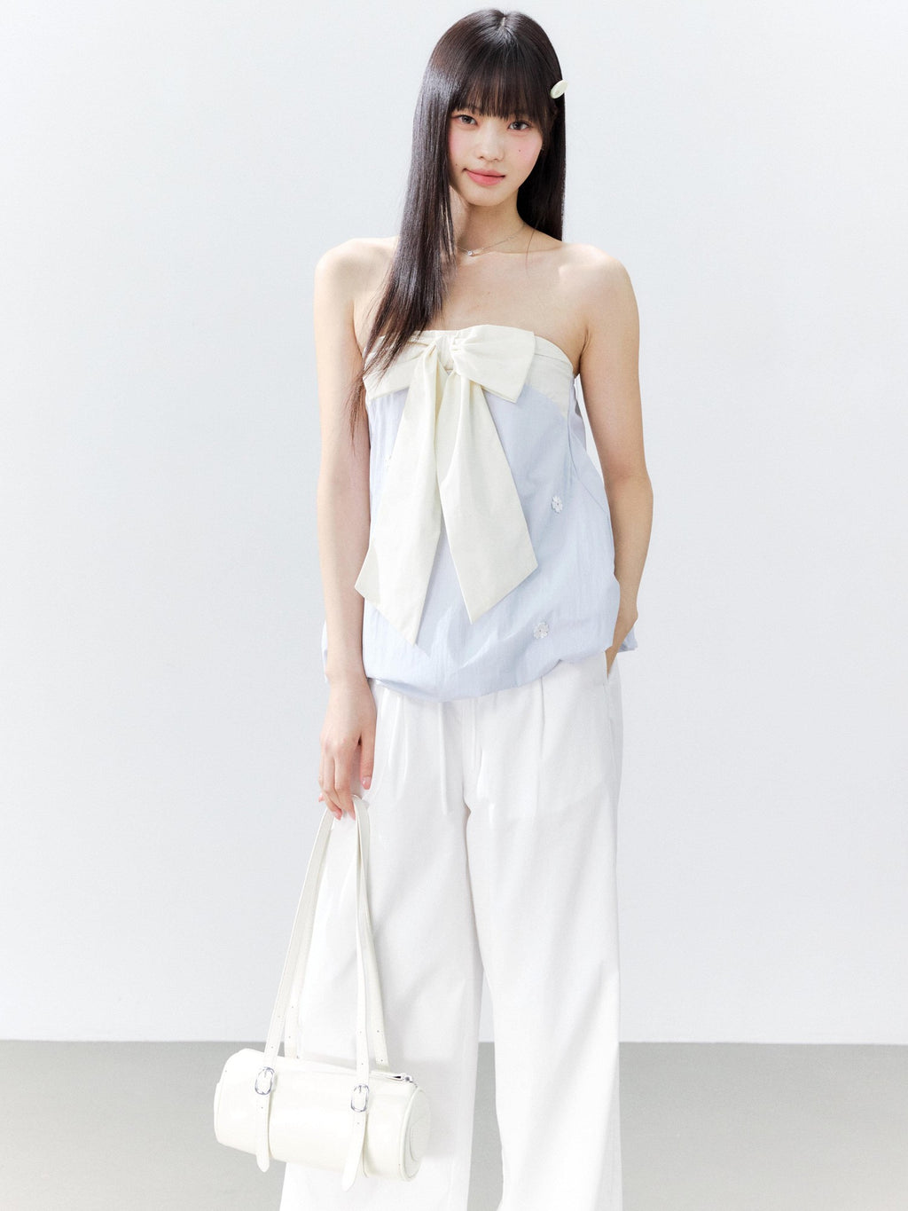Hypoekai Ruffled Bow Patchwork Embroidered Bloom Hem Loose Women's Tube Tops