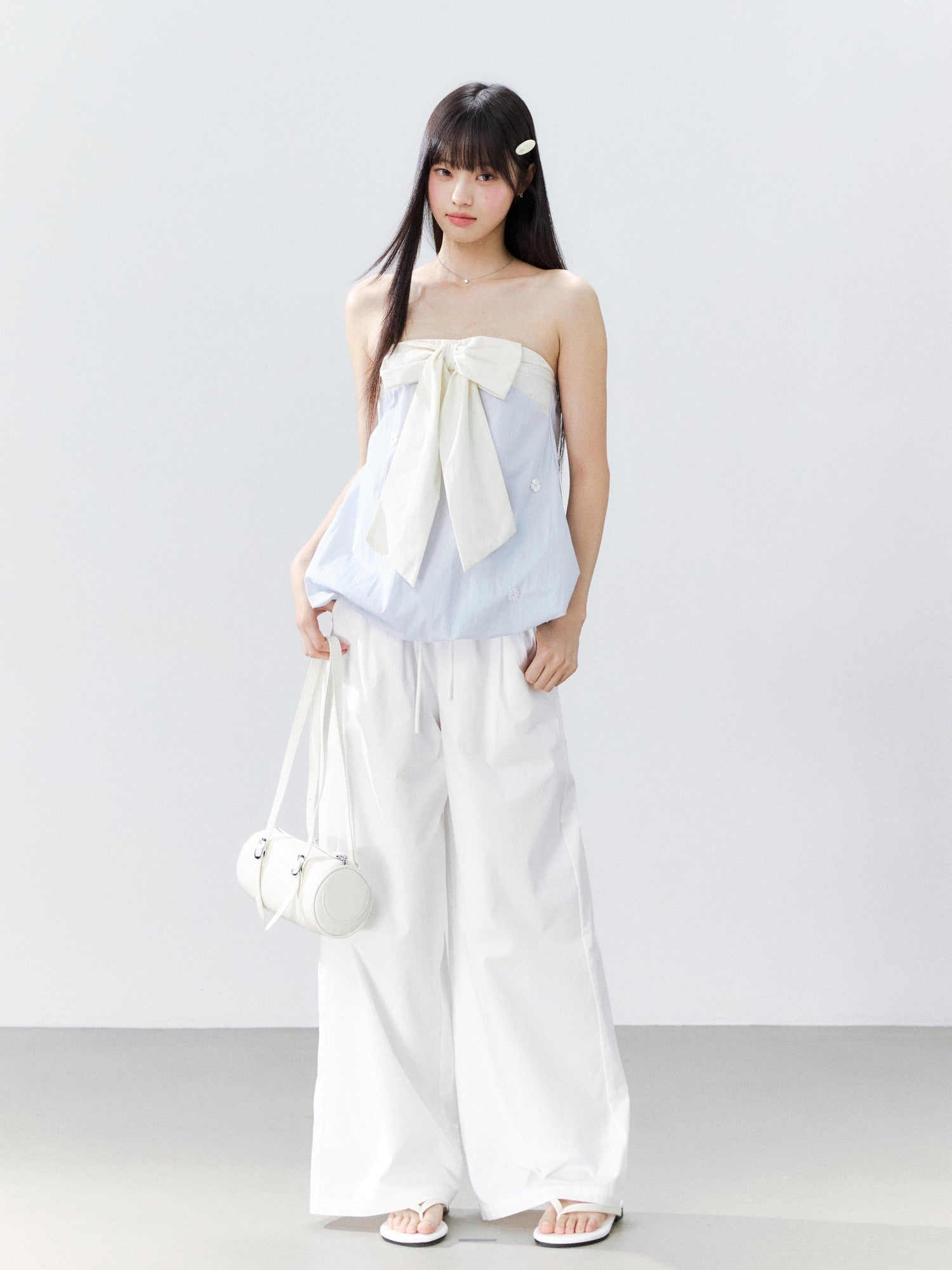 Hypoekai Ruffled Bow Patchwork Embroidered Bloom Hem Loose Women's Tube Tops