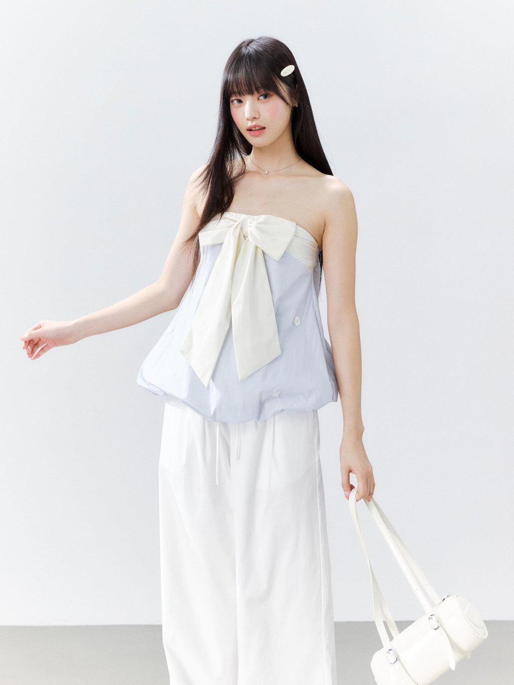 Hypoekai Ruffled Bow Patchwork Embroidered Bloom Hem Loose Women's Tube Tops