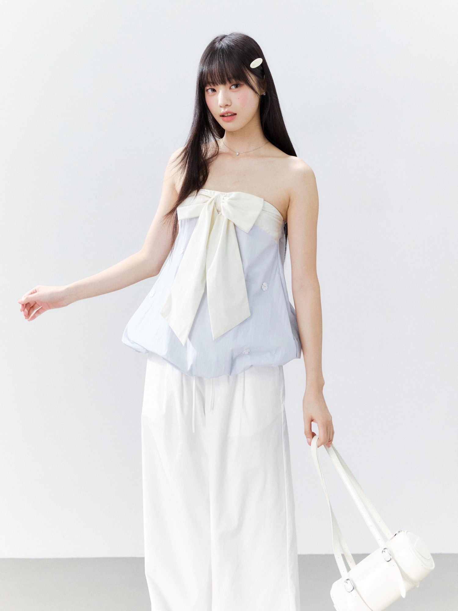 Hypoekai Ruffled Bow Patchwork Embroidered Bloom Hem Loose Women's Tube Tops