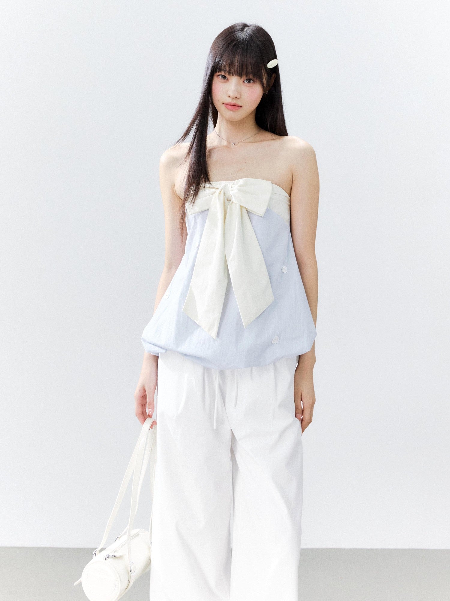 Hypoekai Ruffled Bow Patchwork Embroidered Bloom Hem Loose Women's Tube Tops
