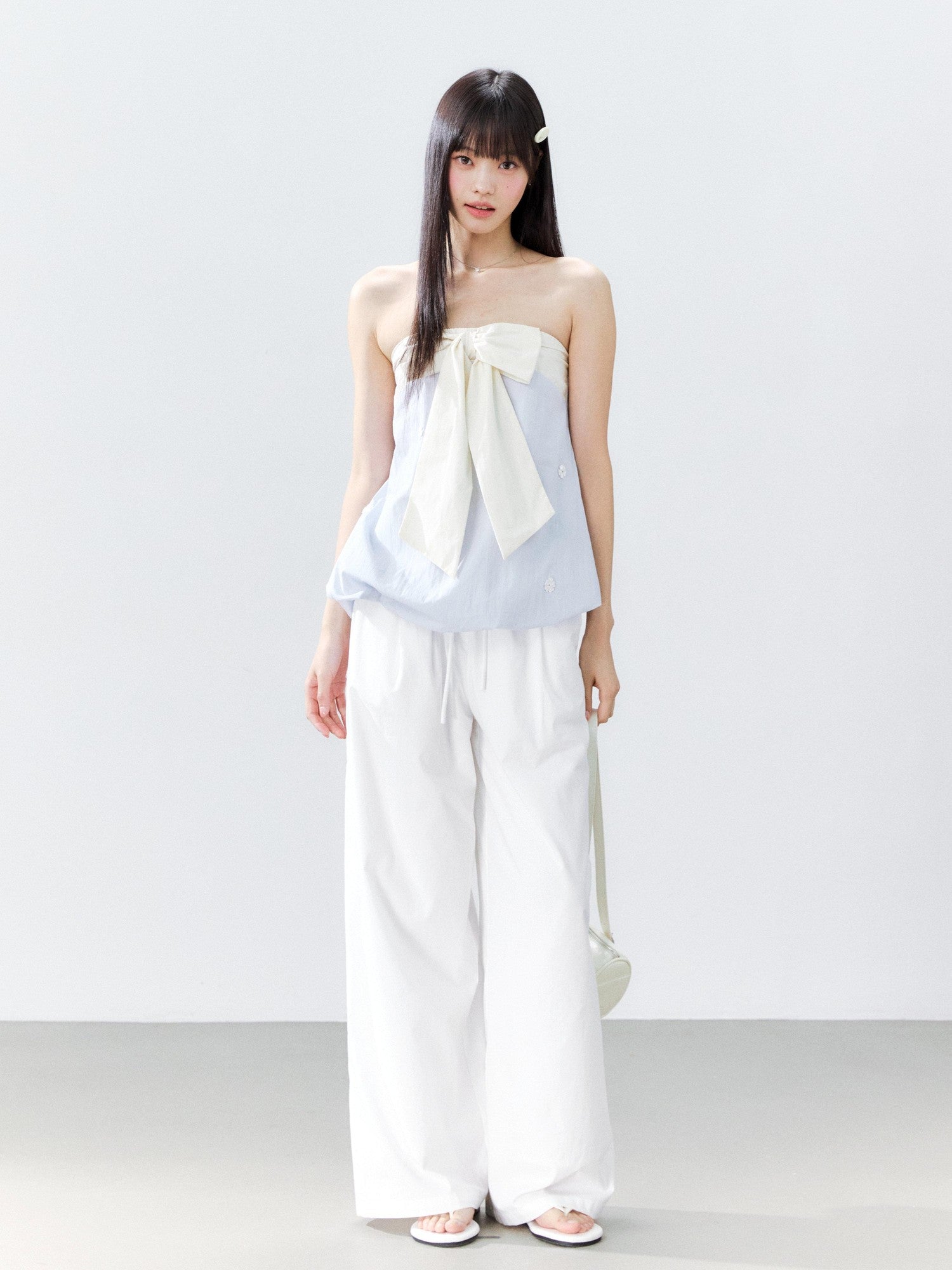 Hypoekai Ruffled Bow Patchwork Embroidered Bloom Hem Loose Women's Tube Tops