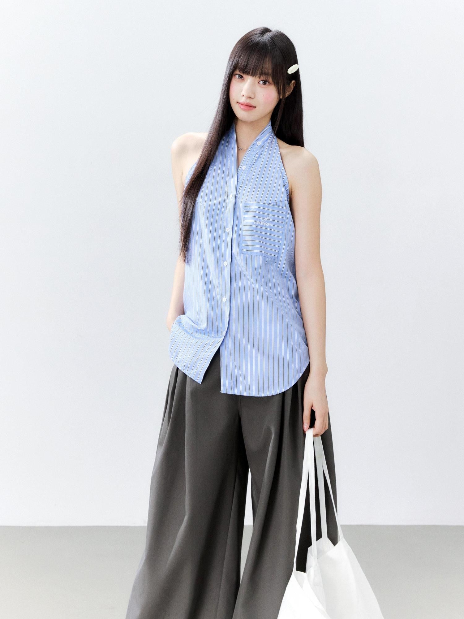 Hypoekai Striped Halter Neck Sleeveless Slim Fit Casual Women's Shirts