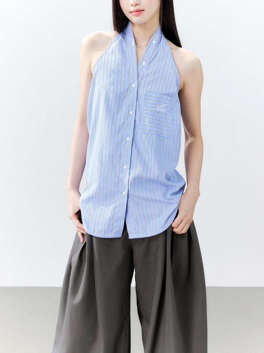 Hypoekai Striped Halter Neck Sleeveless Slim Fit Casual Women's Shirts