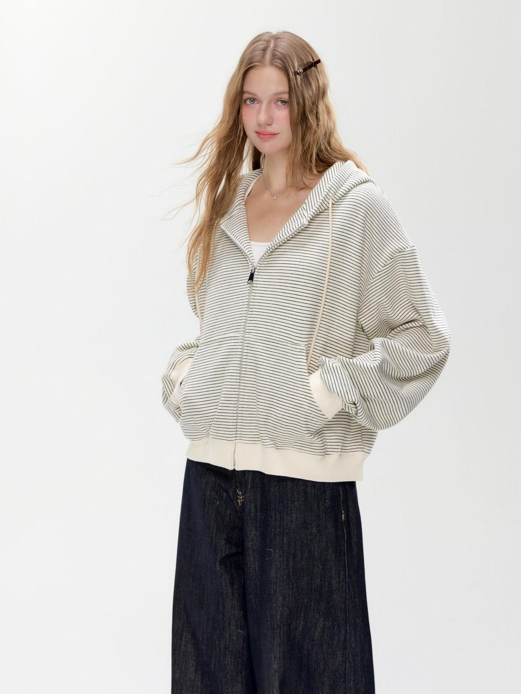 Hypoekai Striped Hooded Relaxed Loose Casual Slimming Women's Zip-up Hoodies