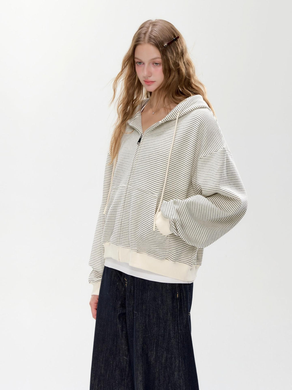 Hypoekai Striped Hooded Relaxed Loose Casual Slimming Women's Zip-up Hoodies
