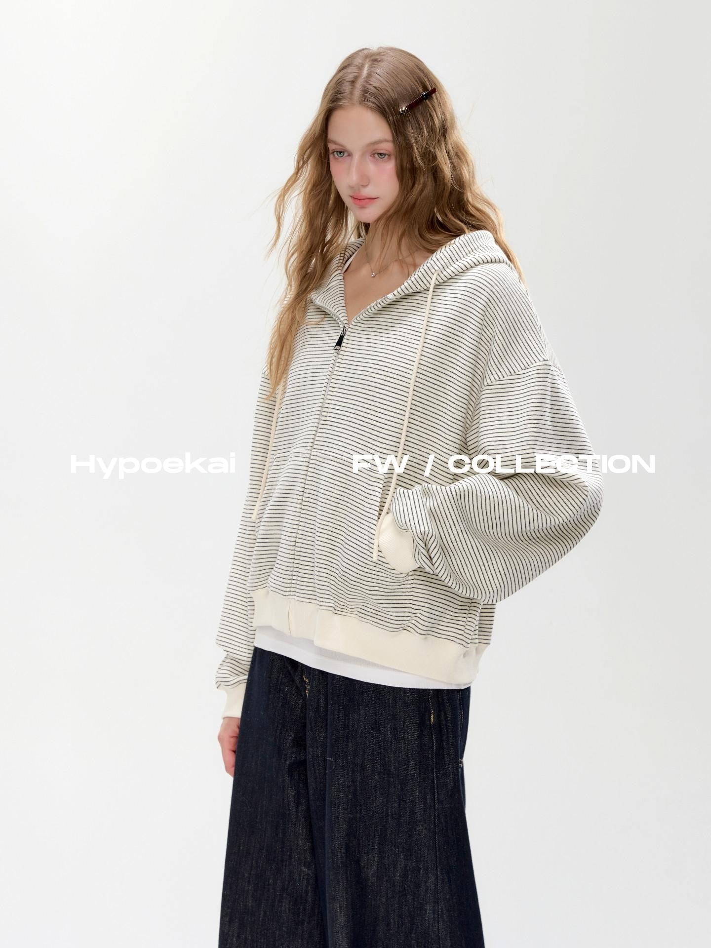 Hypoekai Striped Hooded Relaxed Loose Casual Slimming Women's Zip-up Hoodies