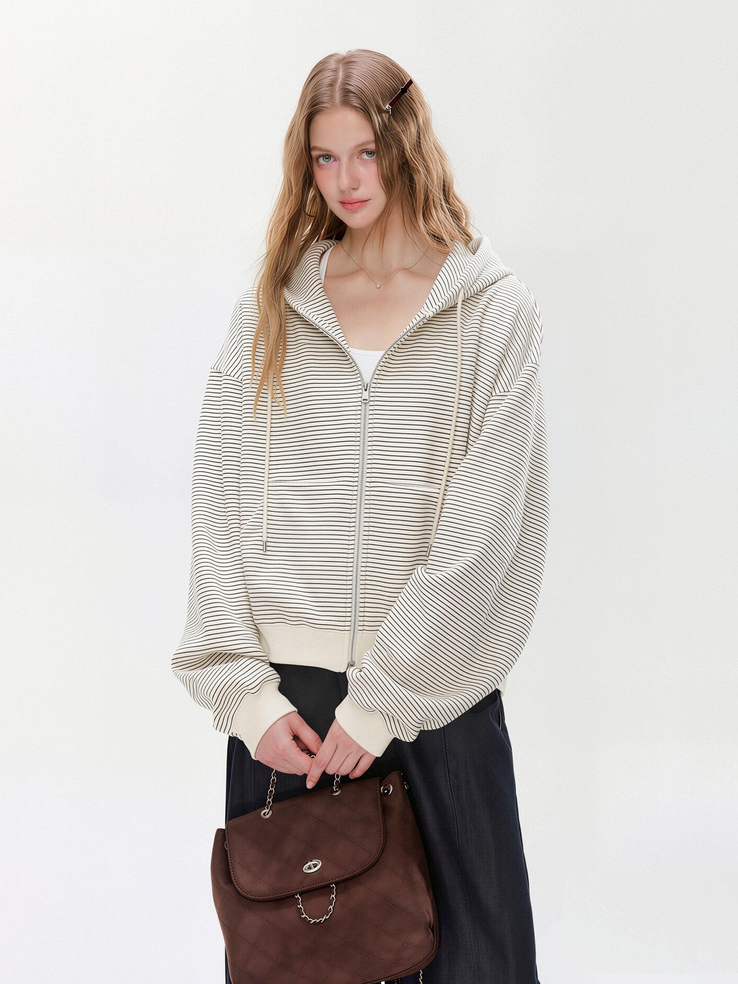 Hypoekai Striped Hooded Relaxed Loose Casual Slimming Women's Zip-up Hoodies