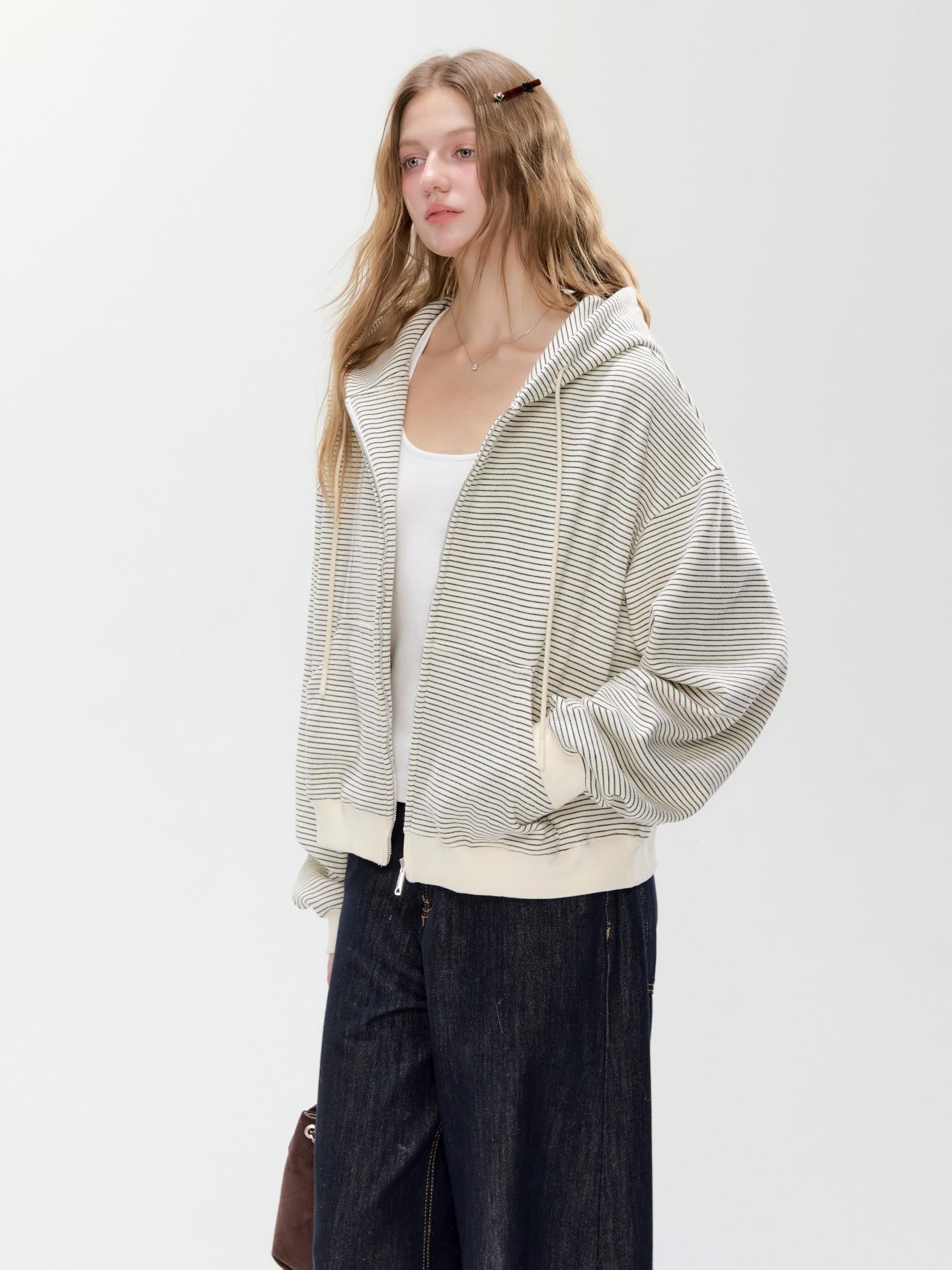 Hypoekai Striped Hooded Relaxed Loose Casual Slimming Women's Zip-up Hoodies