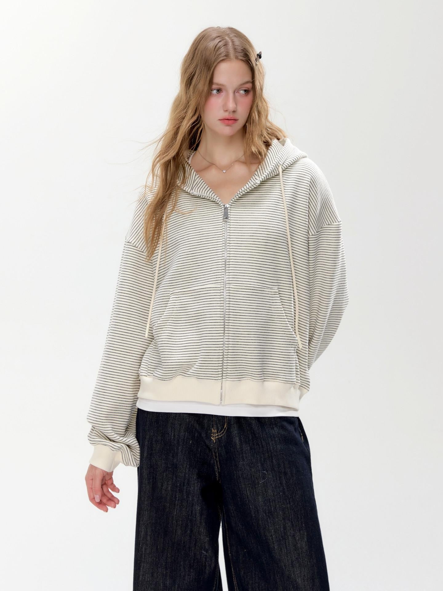 Hypoekai Striped Hooded Relaxed Loose Casual Slimming Women's Zip-up Hoodies