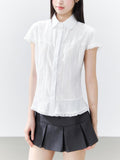 Hypoekai Striped Lapel Collar Cinched Waist Flutter Sleeves Women's Short Sleeve T-shirts