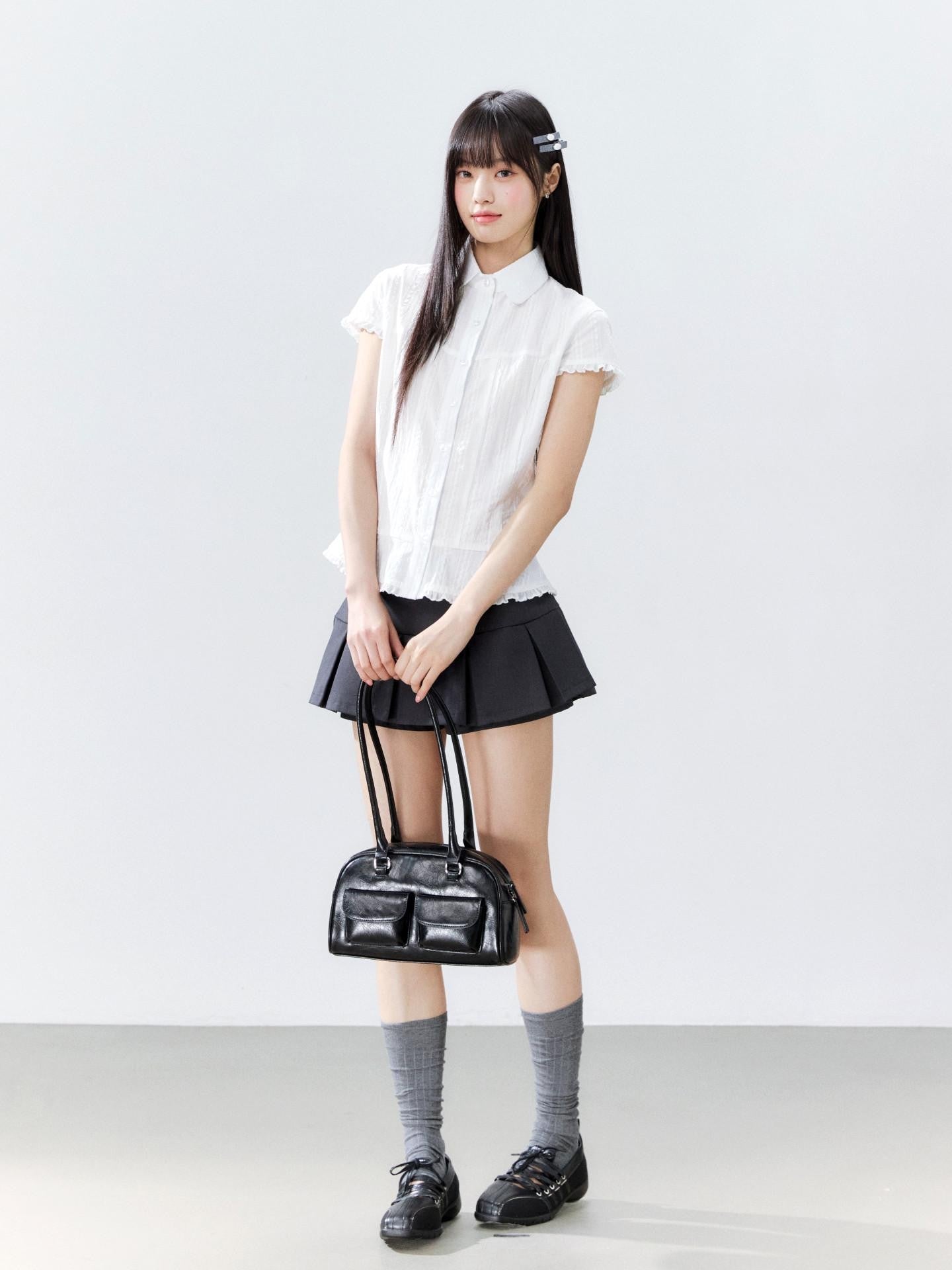Hypoekai Striped Lapel Collar Cinched Waist Flutter Sleeves Women's Short Sleeve T-shirts