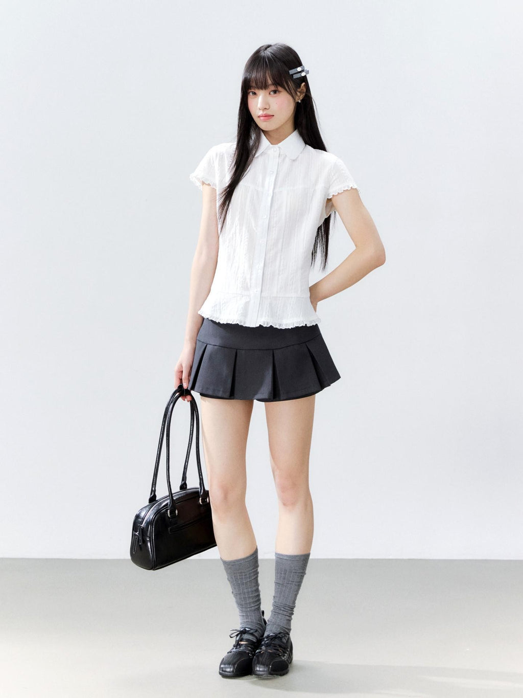 Hypoekai Striped Lapel Collar Cinched Waist Flutter Sleeves Women's Short Sleeve T-shirts