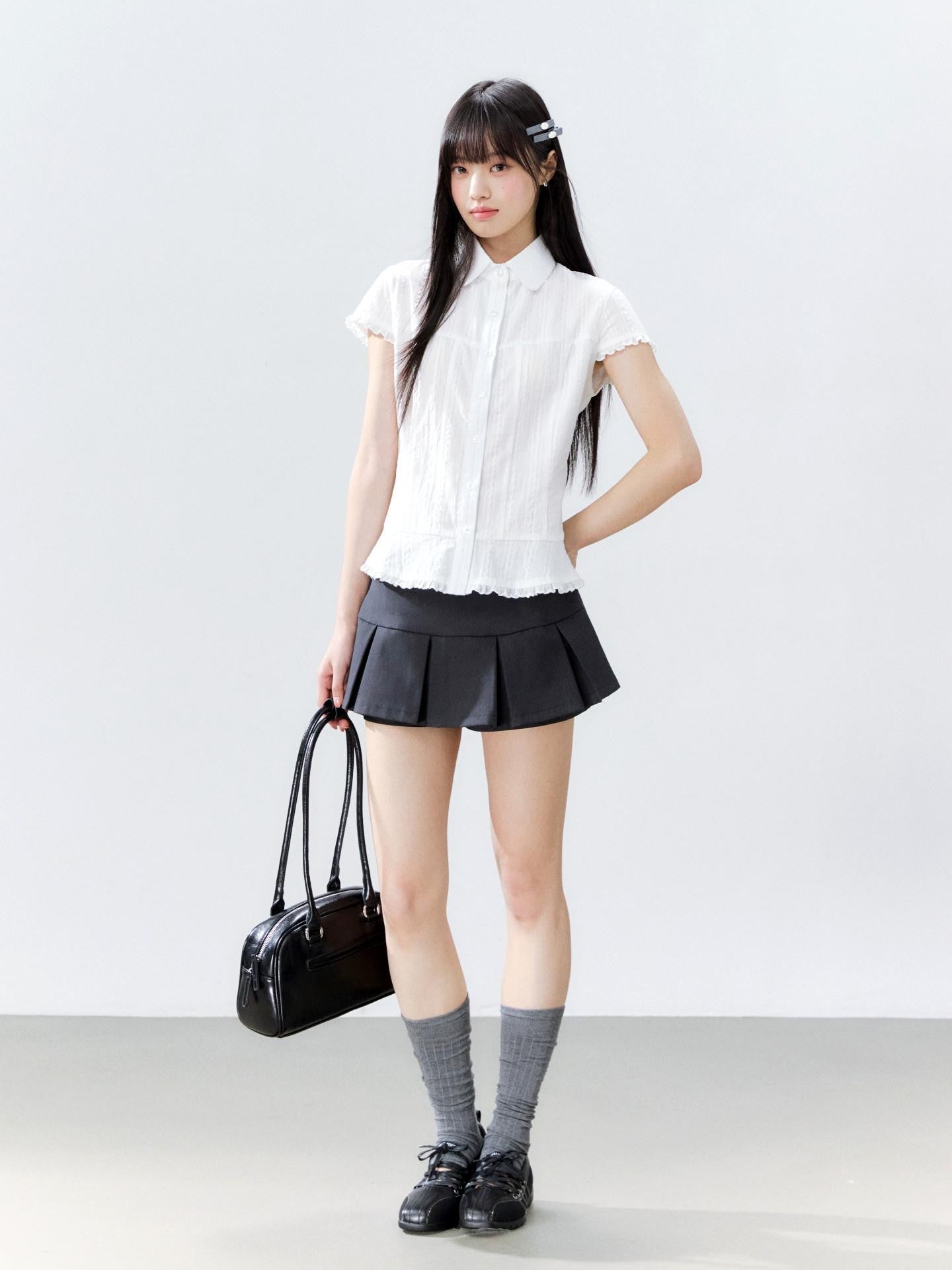 Hypoekai Striped Lapel Collar Cinched Waist Flutter Sleeves Women's Short Sleeve T-shirts