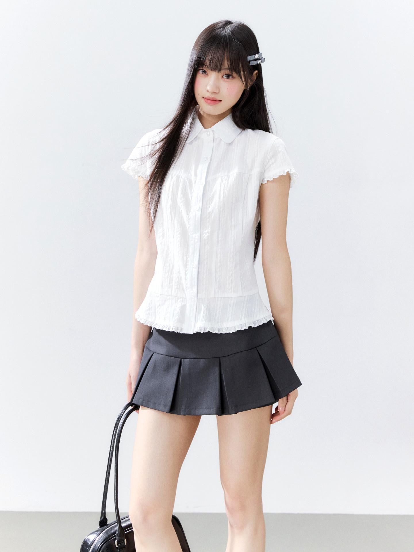 Hypoekai Striped Lapel Collar Cinched Waist Flutter Sleeves Women's Short Sleeve T-shirts