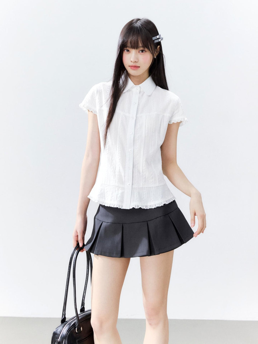 Hypoekai Striped Lapel Collar Cinched Waist Flutter Sleeves Women's Short Sleeve T-shirts