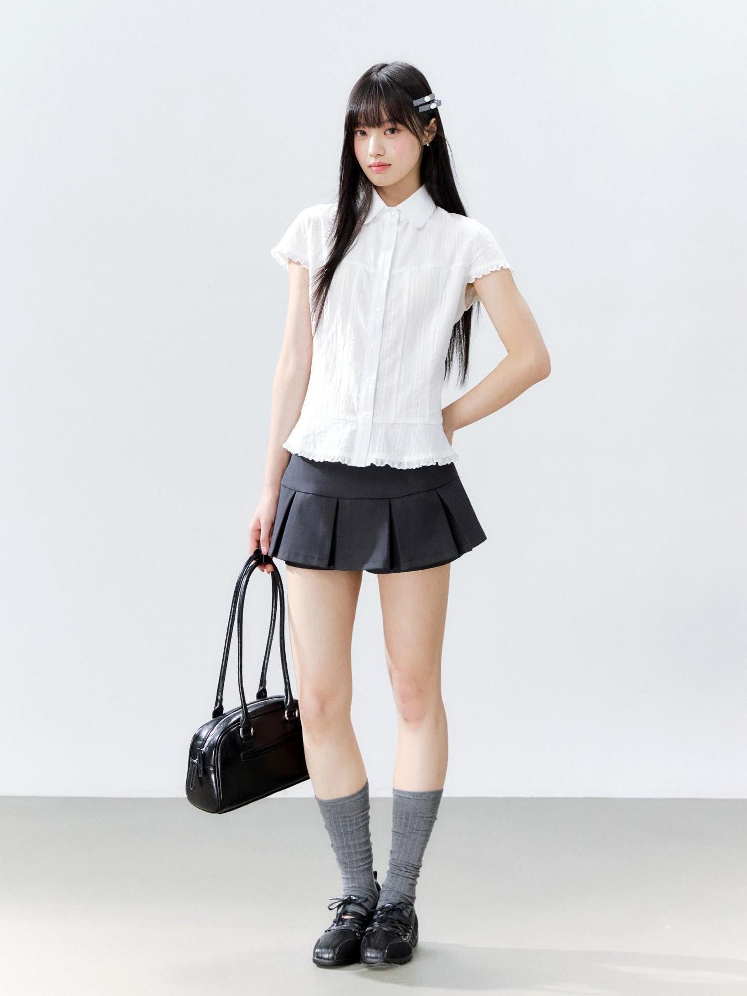 Hypoekai Striped Lapel Collar Cinched Waist Flutter Sleeves Women's Short Sleeve T-shirts