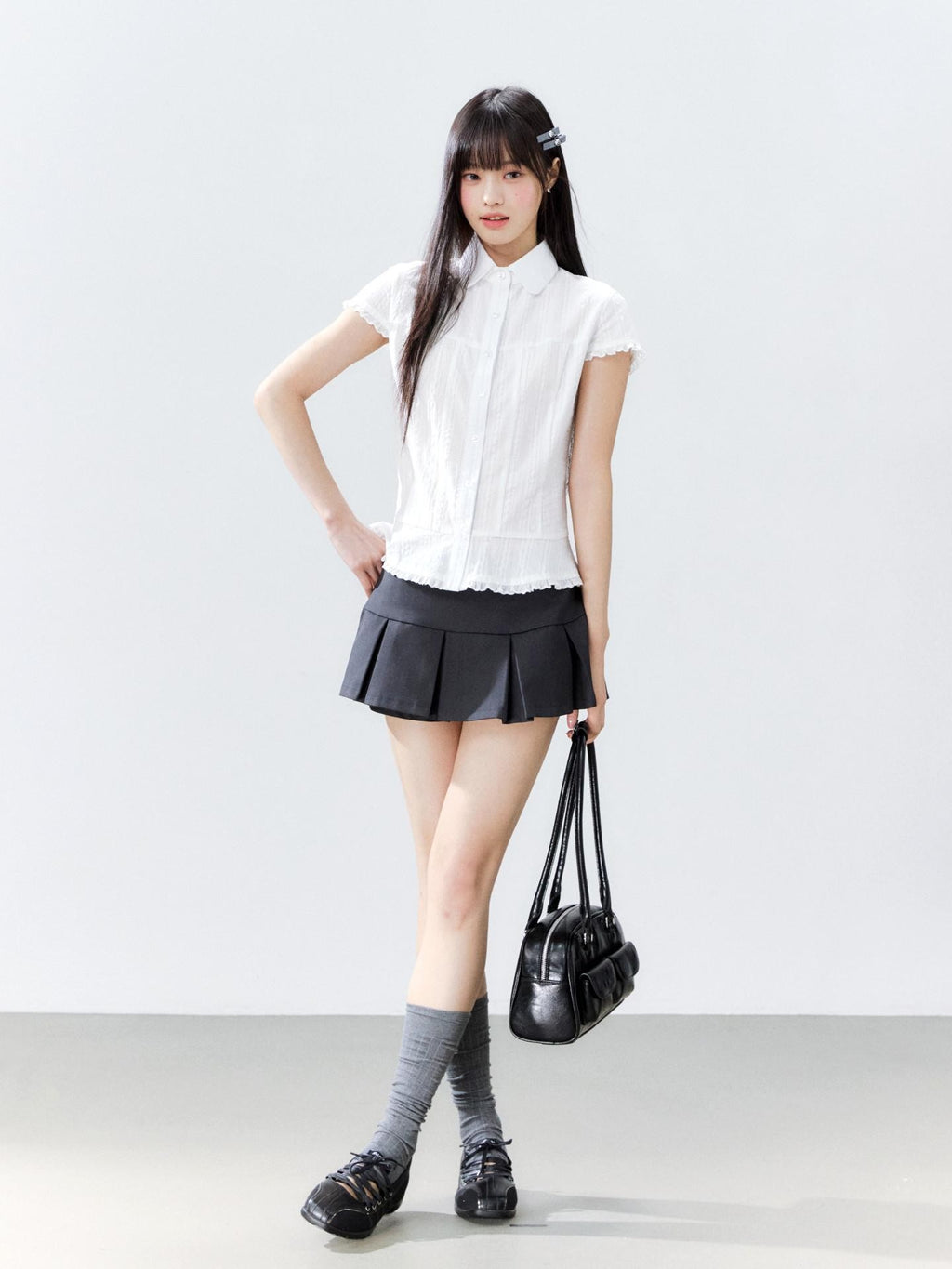Hypoekai Striped Lapel Collar Cinched Waist Flutter Sleeves Women's Short Sleeve T-shirts