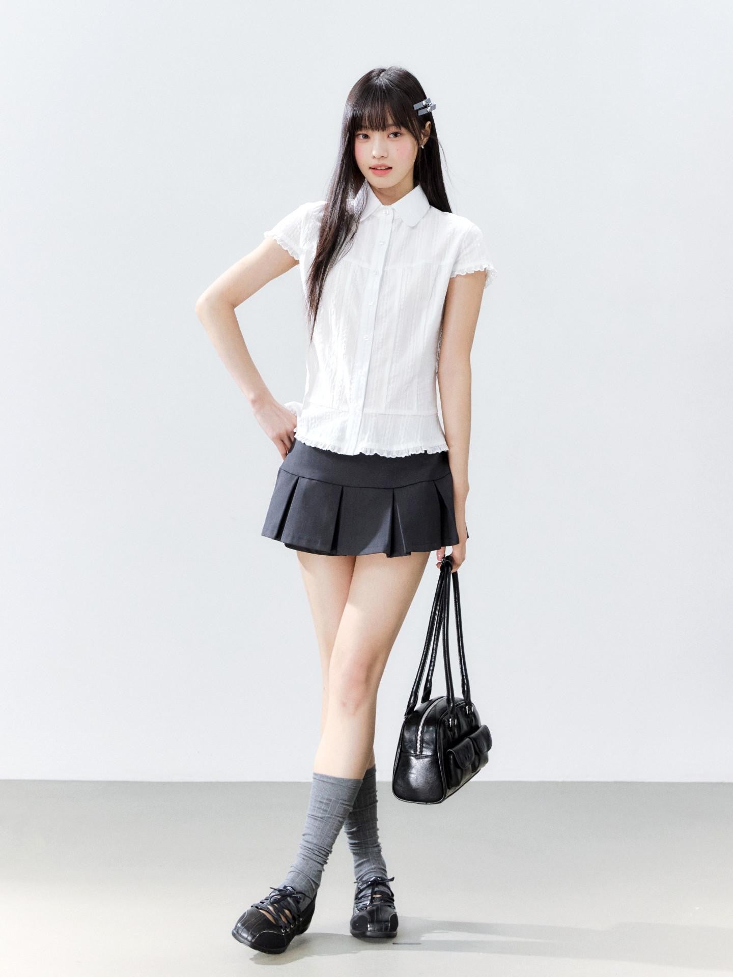 Hypoekai Striped Lapel Collar Cinched Waist Flutter Sleeves Women's Short Sleeve T-shirts