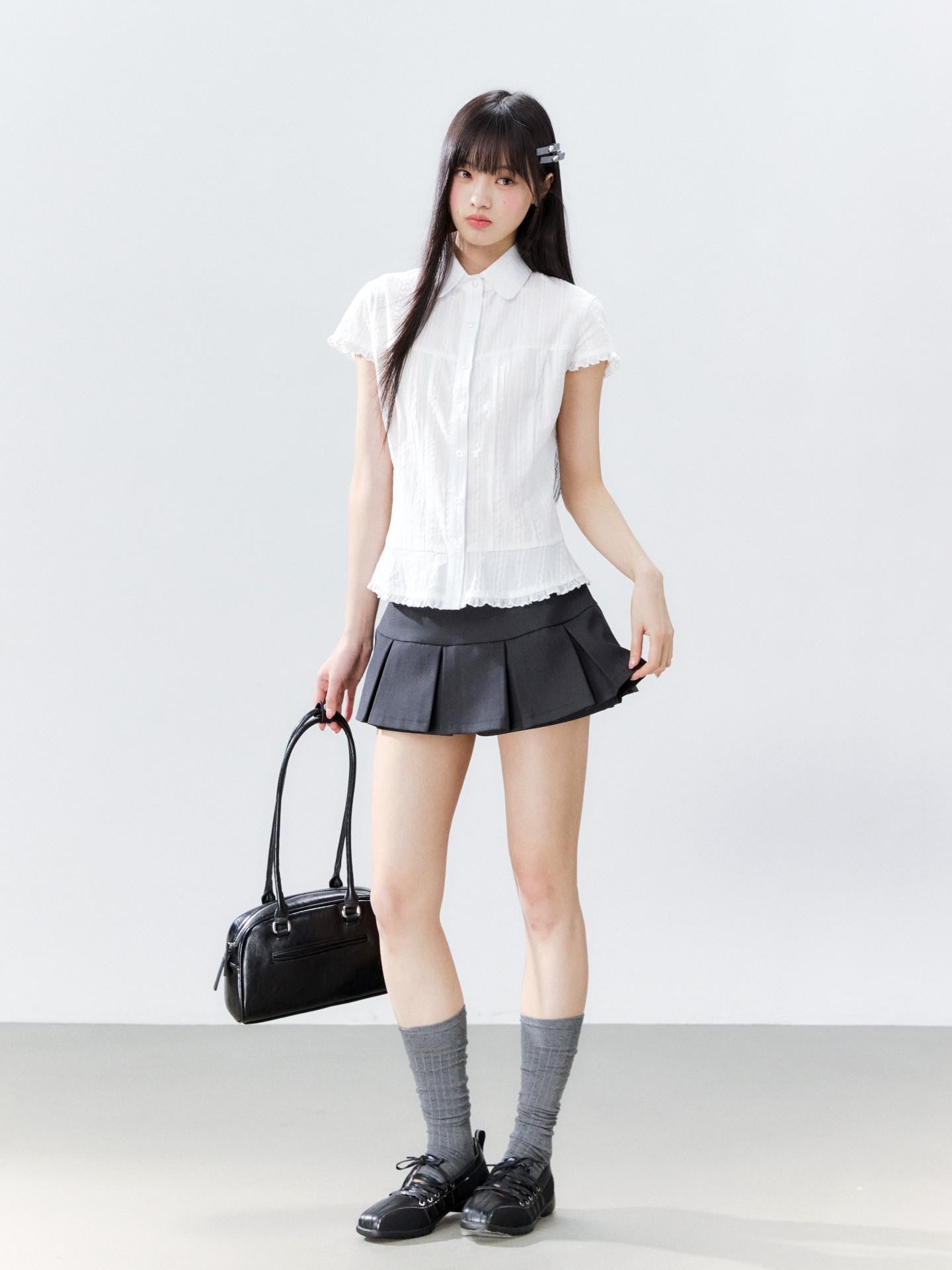 Hypoekai Striped Lapel Collar Cinched Waist Flutter Sleeves Women's Short Sleeve T-shirts